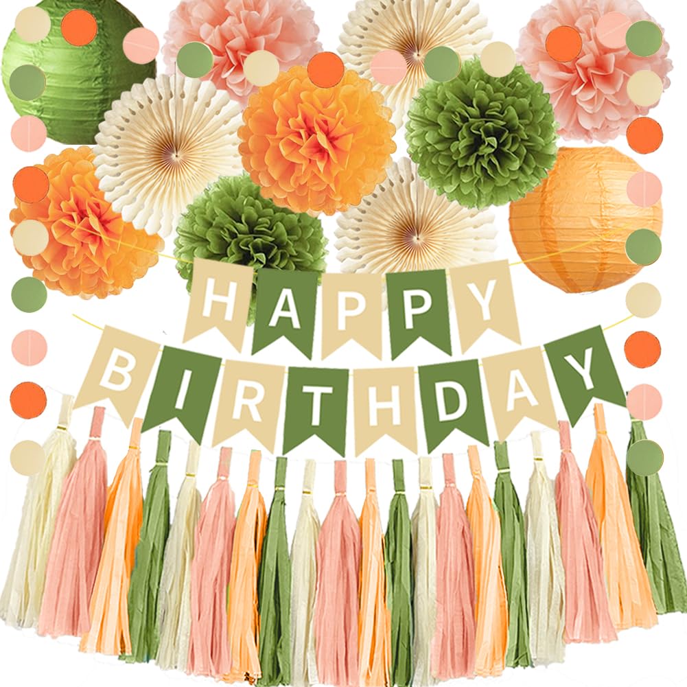 Olive Green and Orange Birthday Decorations Peach and Green Birthday Decorations with Happy Birthday Banner Olive Green Orange Peach Paper Pom Poms Tassel Garland for Girls Women Birthday Party Decor