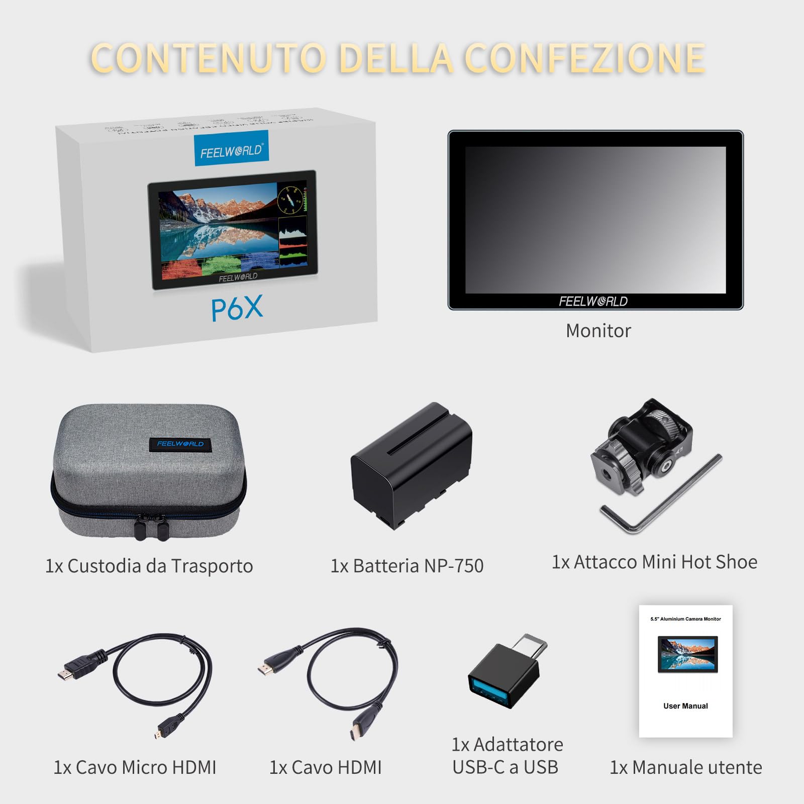 FEELWORLD P6X 1000Nit Alluminio Monitor da Campo per Fotocamera,5.5 Pollici Touchscreen Monitor video per Fotocamera con con batteria F750 e borsa 4K HDMI, Full HD,3D-LUT, HDR, forma d'onda