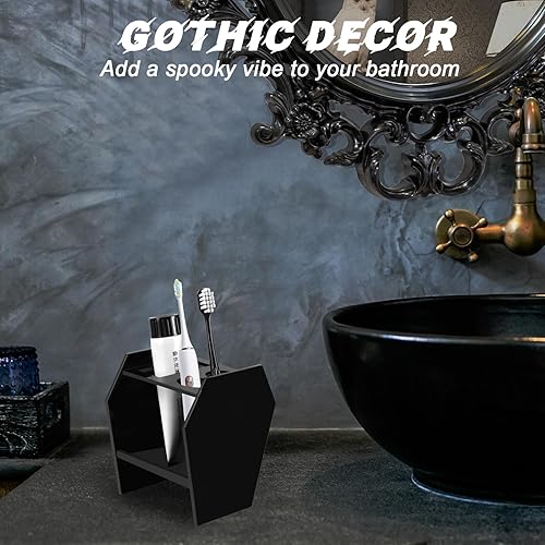 Miniatura 6 de Soporte para cepillos de dientes de ataúd para baños, acrílico negro, decoración de baño gótica de Halloween, espeluznante Halloween, 3 ranuras para