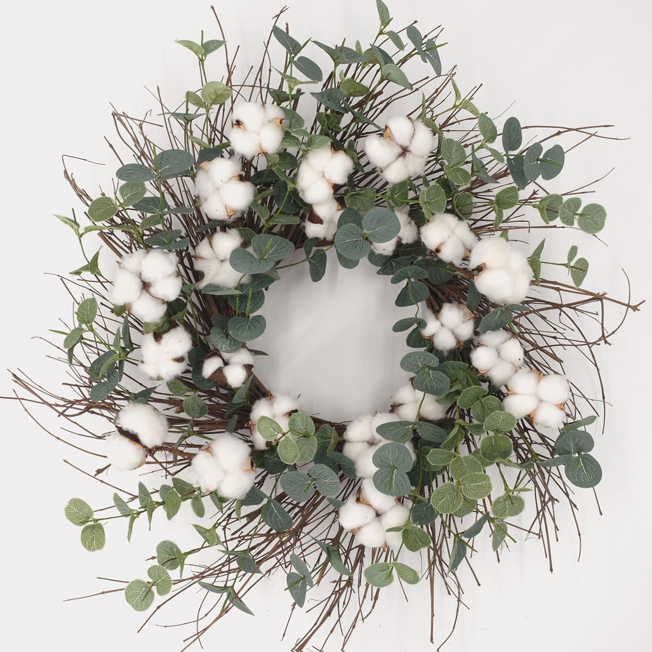 Idyllic 20 Inches Green Wreath with Cotton, Spring and Summer Wreath for Farmhouse, Indoor Decor