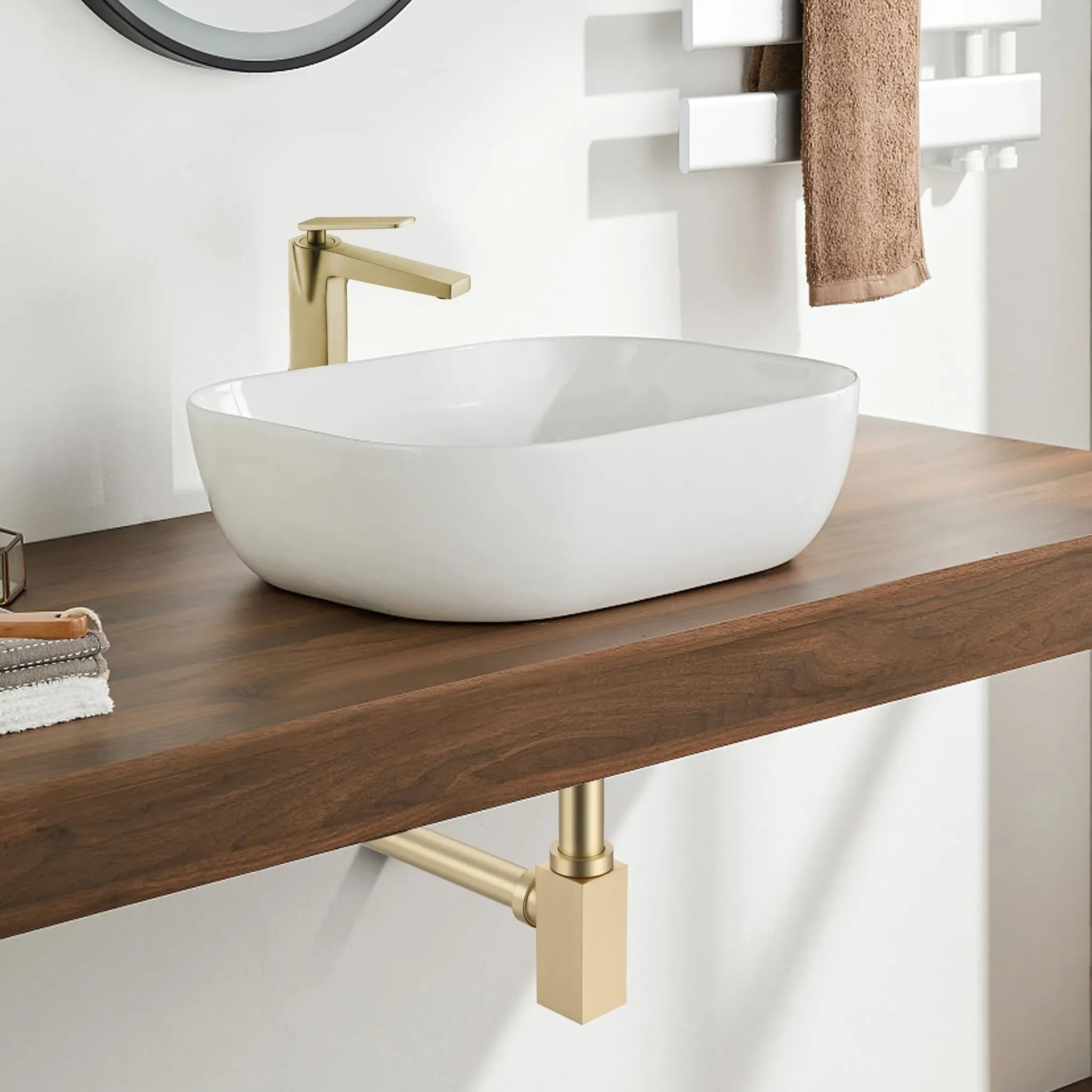 Sifón de Lavabo Universal - Válvula de Desagüe para Lavabo de Latón G1 1/4 x 32 mm - Sifón Tubular para Baño - Tubo de Desagüe para Lavabo de Baño, Cuadrado Oro Cepillado