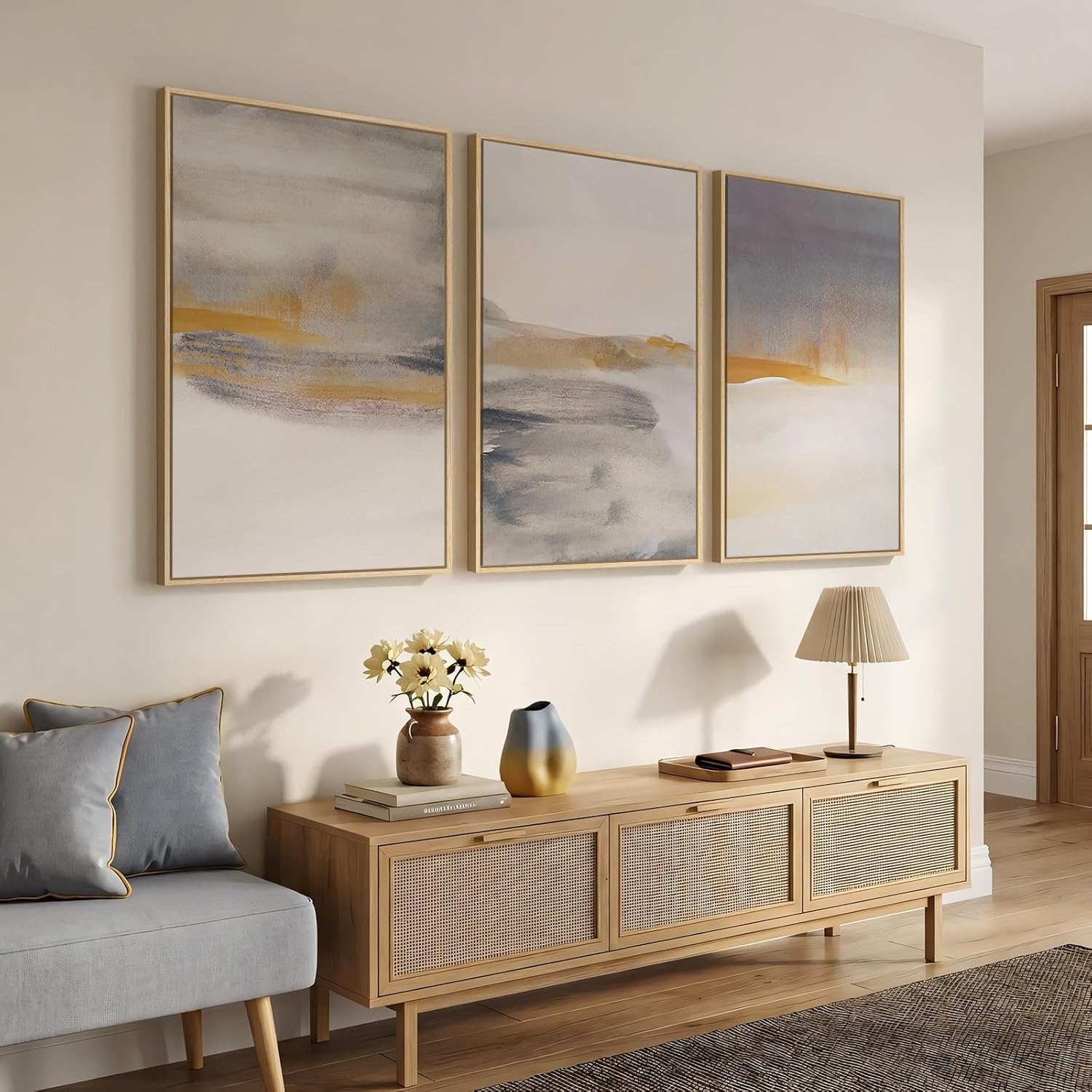 Framed Large Neutral Abstract Wall Art, Set of 3 Canvas Modern Prints Paintings, Minimalist Landscape Beige Gray Picture Artwork Decor for Living Room Bedroom Office 24x36 Inch