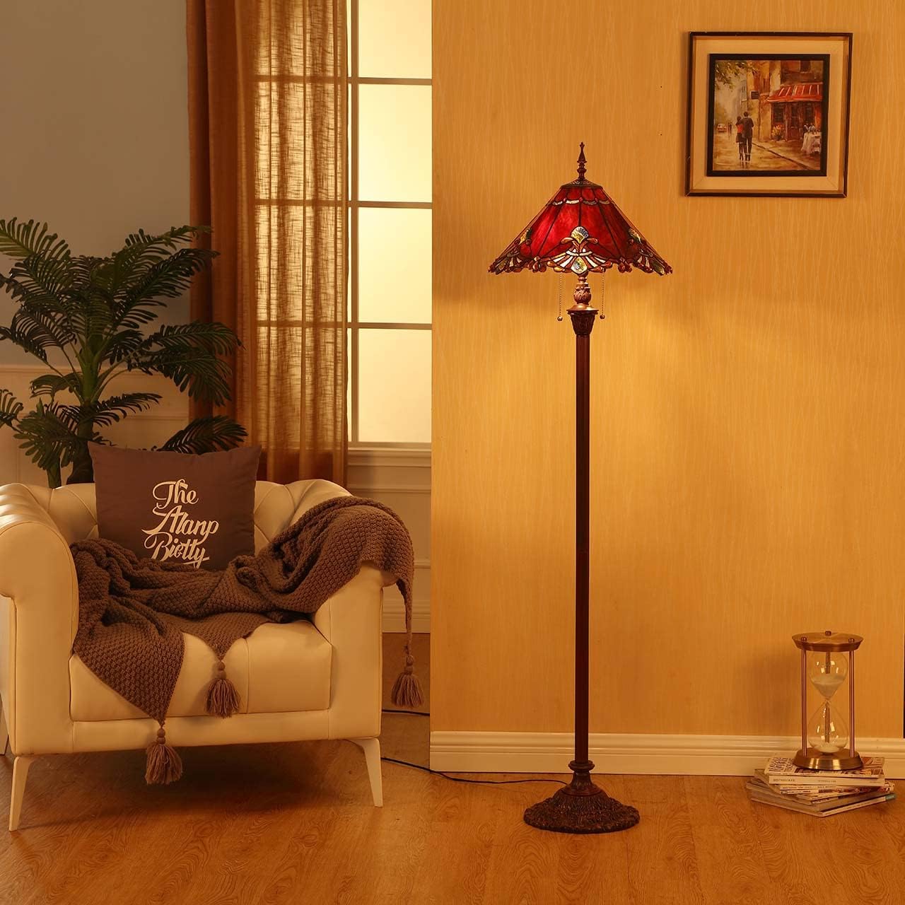 Bieye L10242 Baroque Tiffany Style Stained Glass Floor Lamp with 17-inch Wide Lampshade, 65-inch Tall (Red)