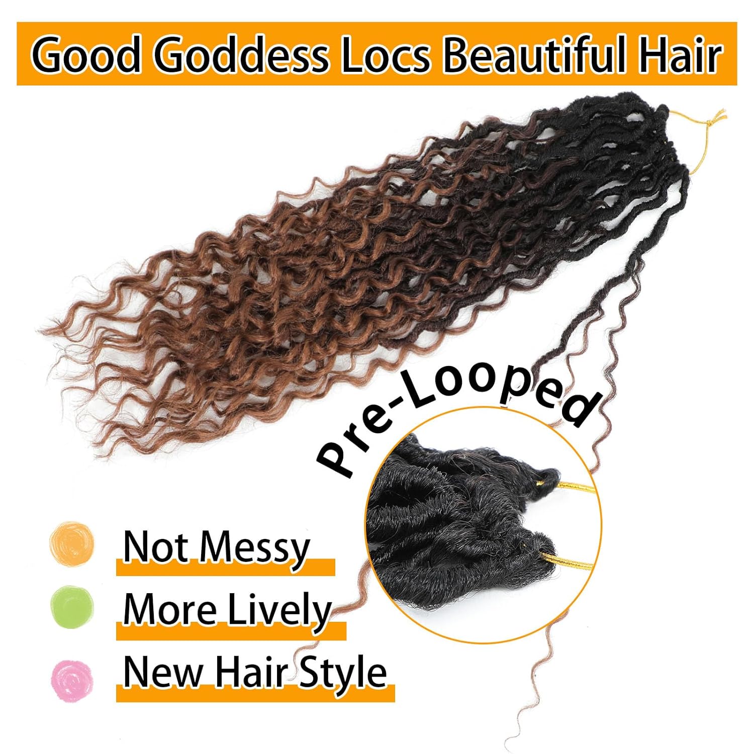 Col Bling Goddess Locs Crochet Hair 18 Inch 8 Packs Ombre Faux Locs Crochet Hair for Women Pre Looped Crochet Boho Goddess Faux Locs Crotchet Hair with Curly Ends #1B/4/30