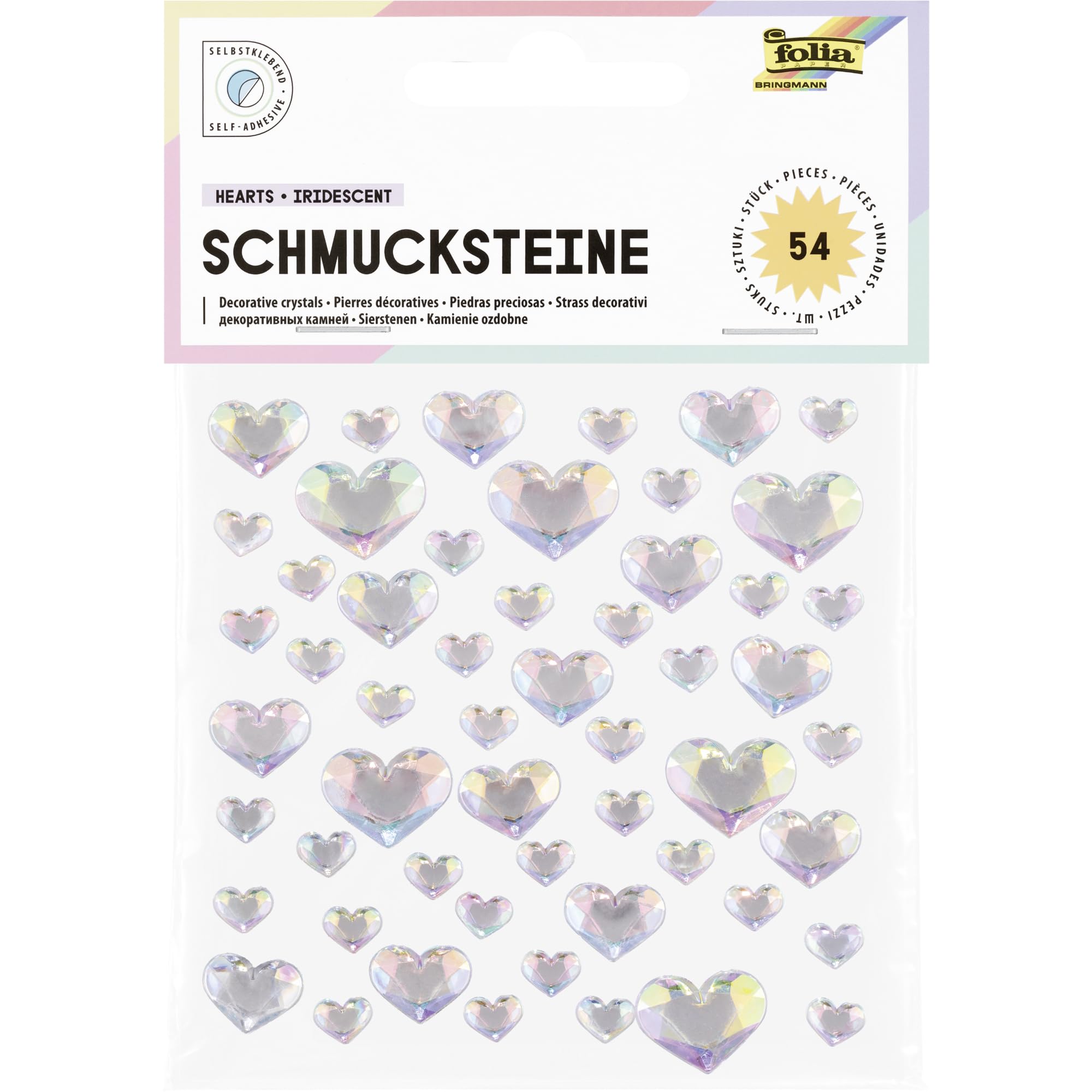 folia 12313-IRIDESCENT Heart Jewellery Stones, Heart Glitter Stones, Stickers in 3 Sizes, SELF-Adhesive for Decorating and Decorating, 54