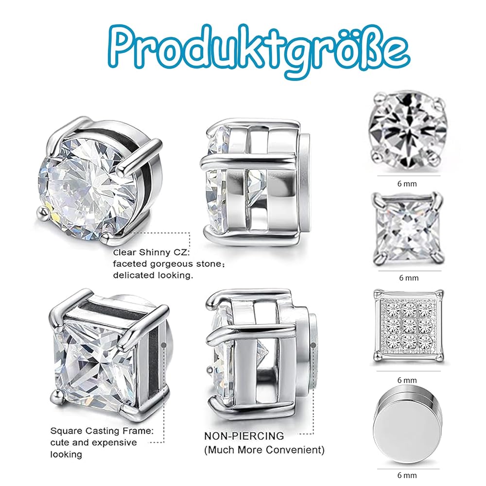4 Paia Orecchini Magnetici Con Zirconi - Per Uomo E Donna | Rotondi/Quadrati, Non-Piercing, 3 Colori - Foto 8