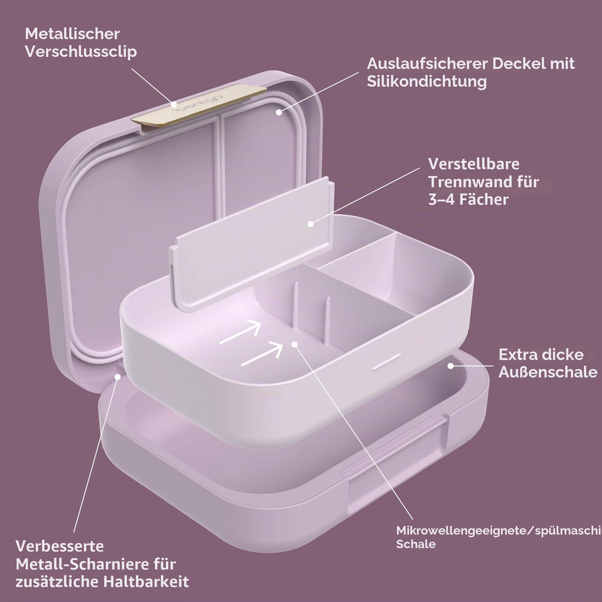 Bentgo® Modern,Vielseitige 4-Fächer Bento-Stil Lunchbox für Erwachsene und Jugendliche, Auslaufsicher,BPA-frei, matte Oberfläche und ergonomisches Design (Orchidee) | Auslaufsicher, 5,5 Tassen Fassungsvermögen, verstellbare Trennwand, mikrowellen- und spü