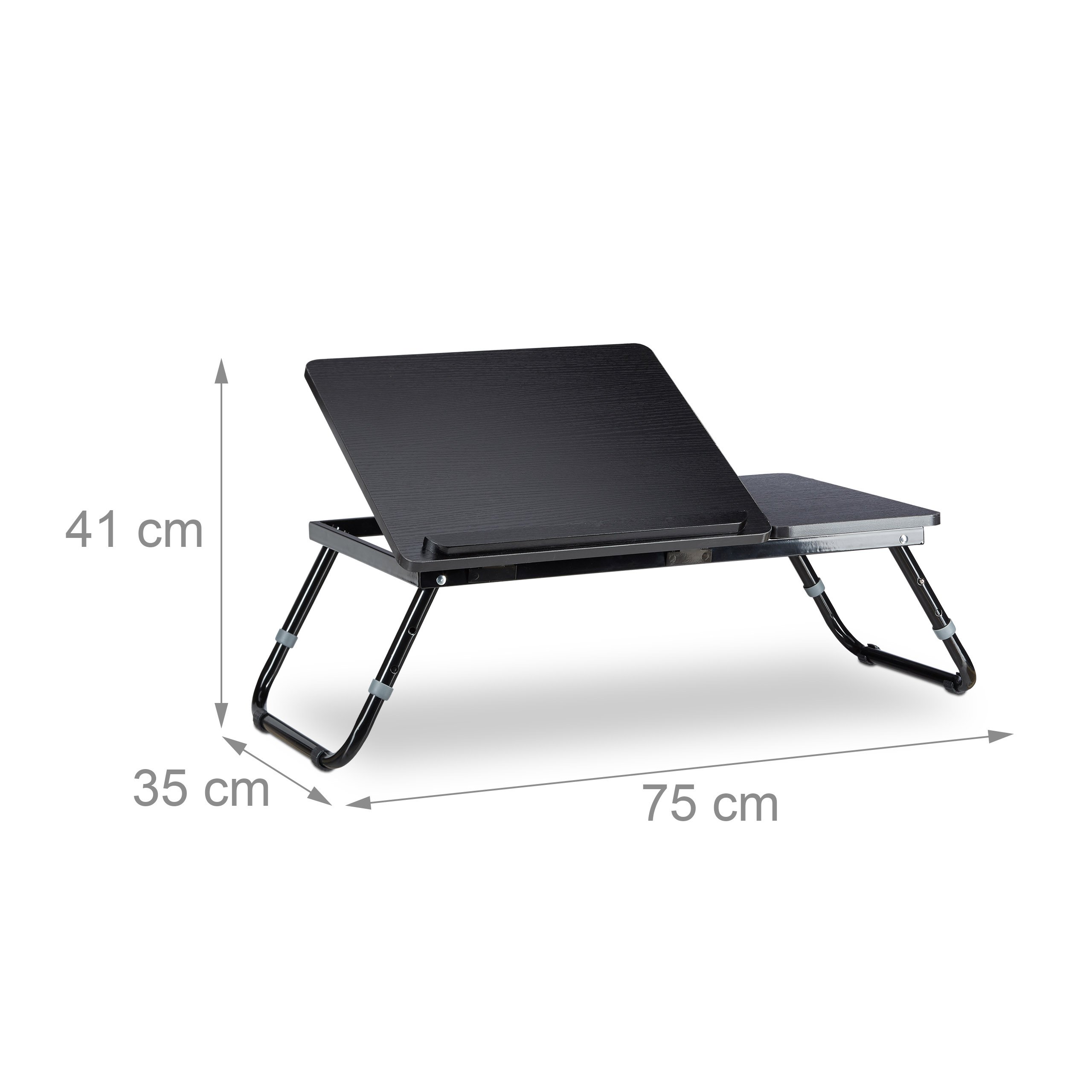 Relaxdays tavolo per laptop, scrivania, tavolino da letto, vassoio da letto, tavolino per notebook, tavolino laterale, laptop WTH 75 cm x 35 cm x 40 cm, legno, nero, con ribalta per lettura, regolabile in altezza, pieghevole