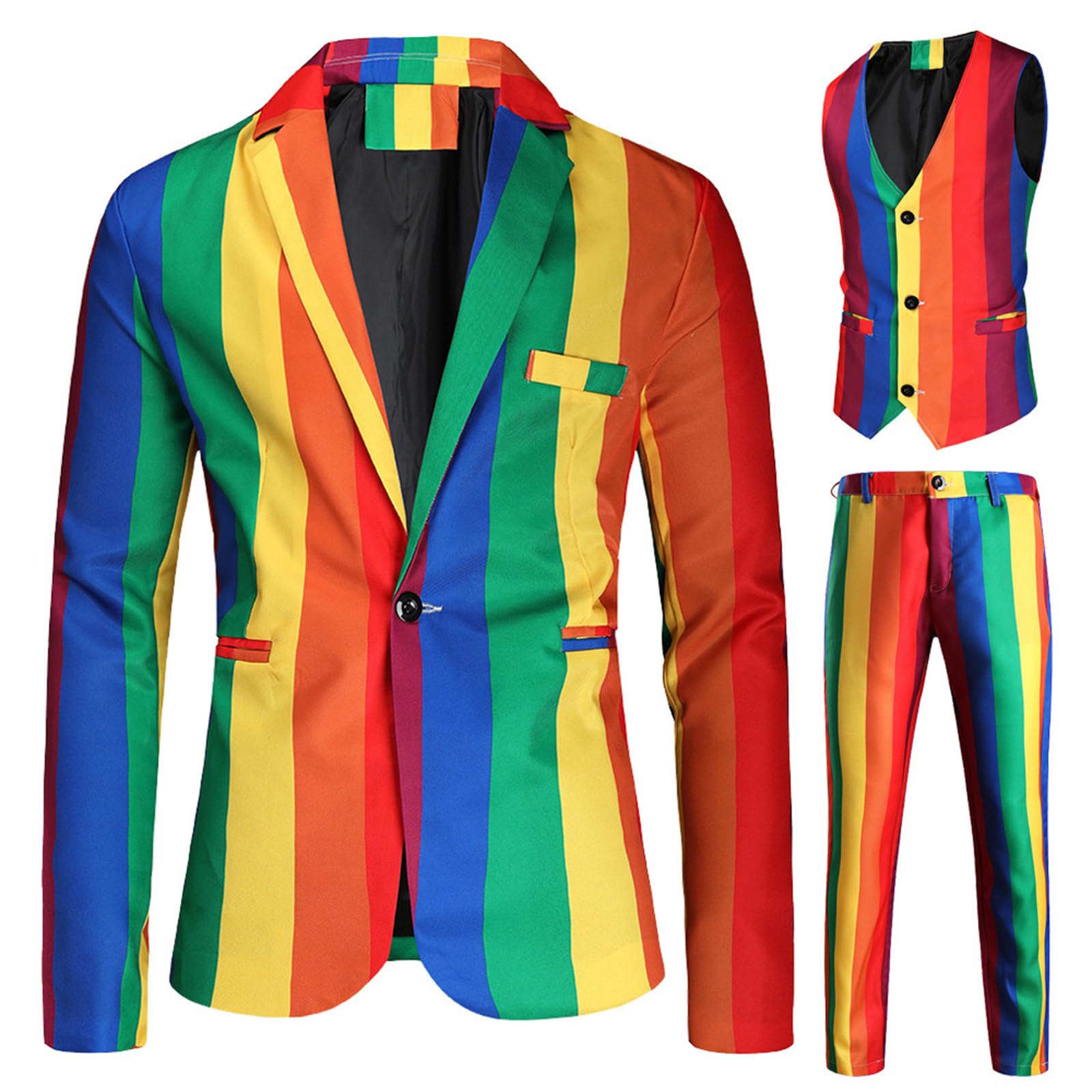 Generico Tuta Leggera Uomo Set da 3 Pezzi Button Casual Giacca Arcobaleno Pantalone Gilet Completo Lavoro Formale Abito Tuxedo Tuta da Corsa Uomo Regular Fit Elastico Sportivo