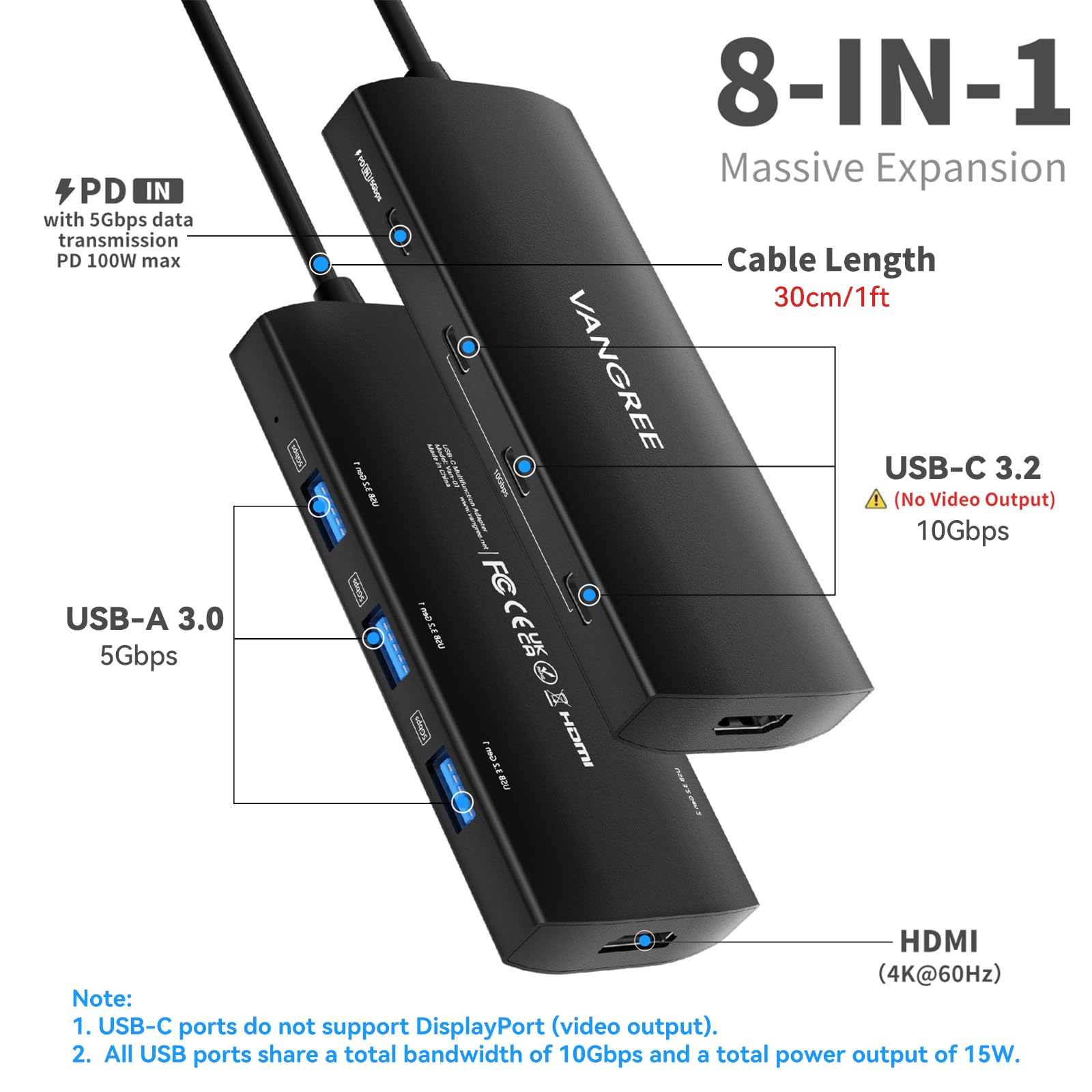 VANGREE Hub USB C 8 in 1, 3 USB-C+3 USB-A 3.2 10Gbps, 4K60Hz HDMI, 100W PD
