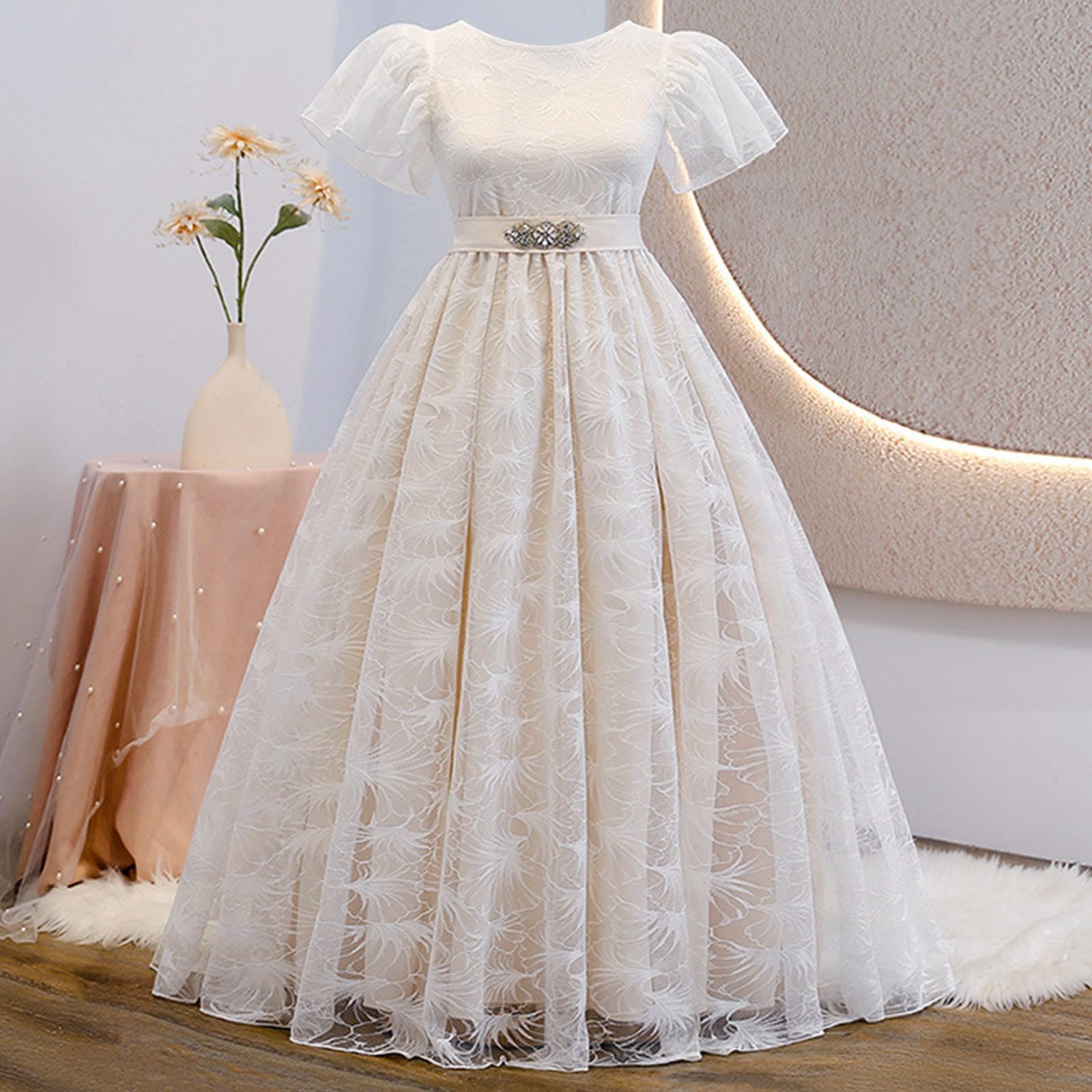 Genérico Vestidos para niñas, Vestido de Encaje con cinturón, Elegante Vestido de Fiesta para niñas, Ropa Informal, Bordado Floral, Traje de tutú, Moda cómoda para niñas de 8 a 13 años