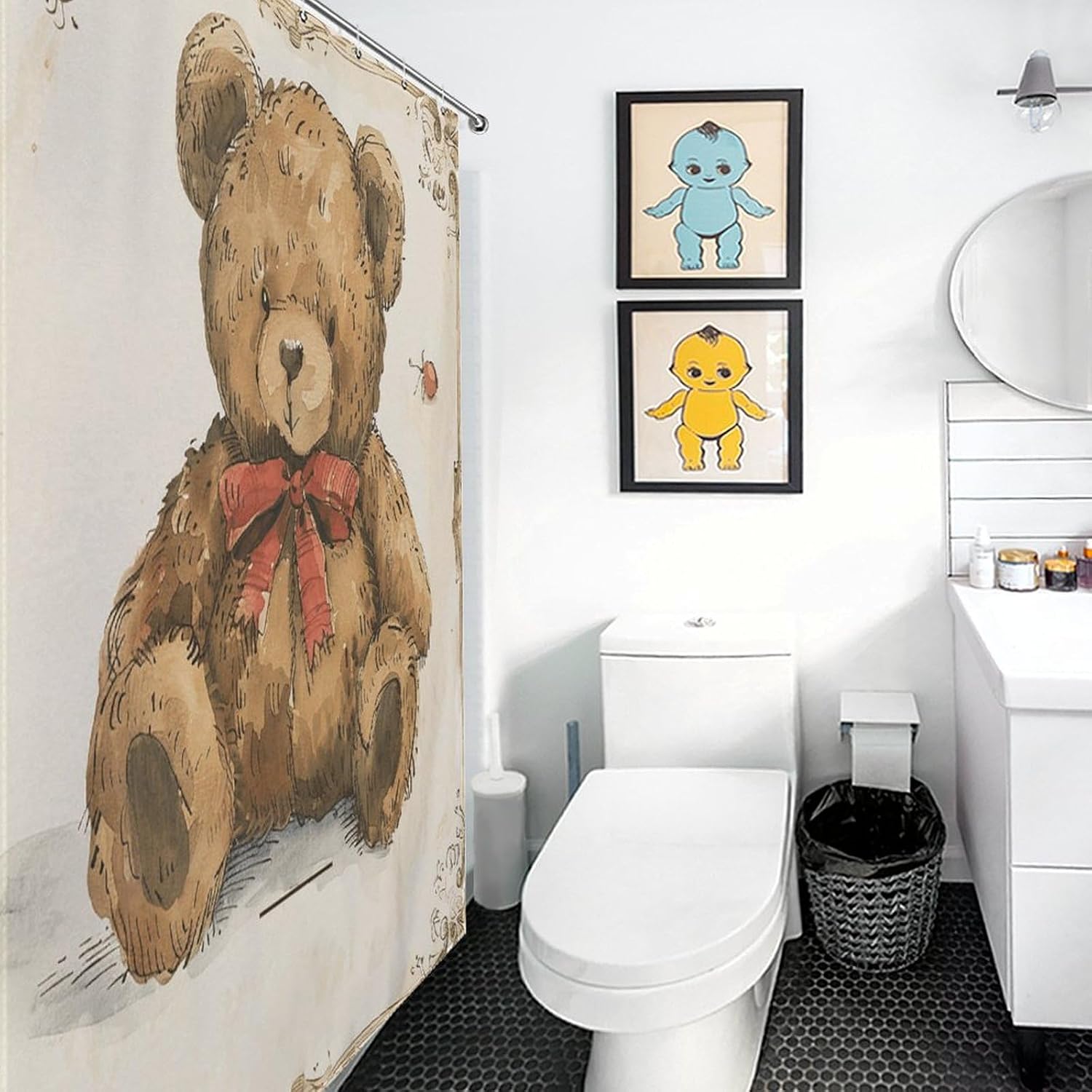 Vintage Bear Toy Shower Curtain Set Modern Shower Curtain for Bathroom Accessories Waterproof Washable Fabric Bath Curtain with 12 Hooks 70.9 X 70.9 Inch image 5
