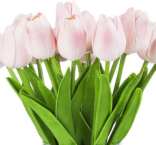 Miniatura 2 de ENOVA HOME Arreglo floral de tulipanes artificiales de tacto real en jarrón de vidrio transparente con agua sintética para decoración del hogar y
