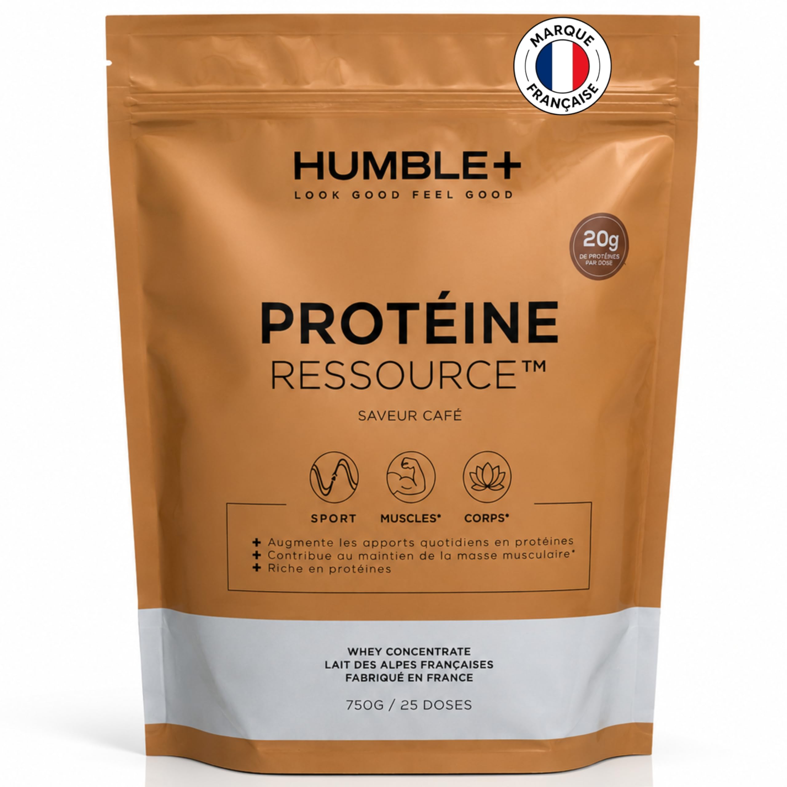 HUMBLE+ Proteine Resource Whey Café 750 g - Francia - 25 dosi | Concentrato di Siero di Latte delle Alpi - Aromi Naturali, Onctuoso, Ricco di Assunzione - per lo Sport - Marchio francese