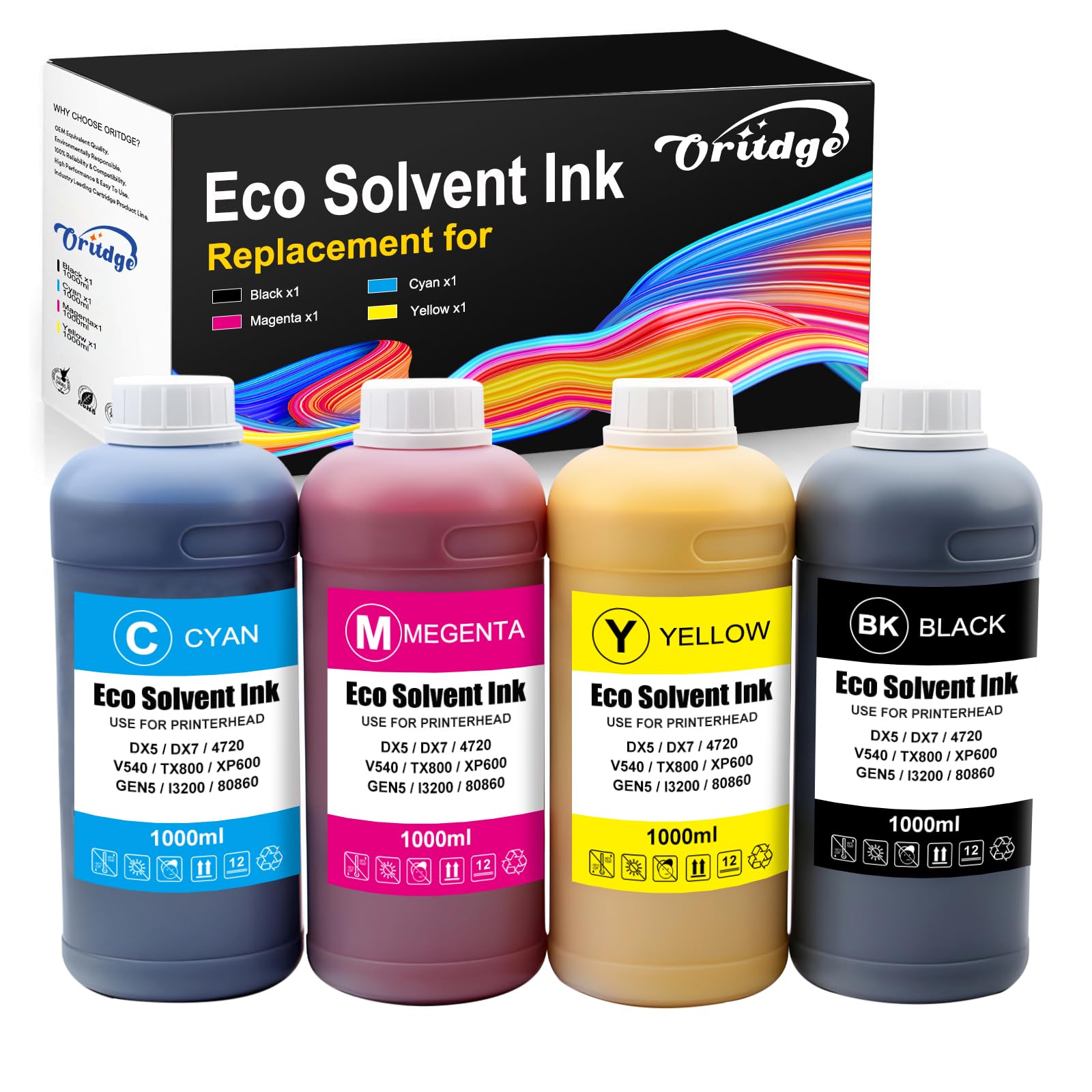 Eco Solvent Encre 1000ml pour Eco Solvent Ink pour Epson DX4 DX5 DX7 DX9 DX10 DX11 XP600 TX800 I3200 I1600 Tête d'impression(Noir, Magenta, Cyan, Jaune)