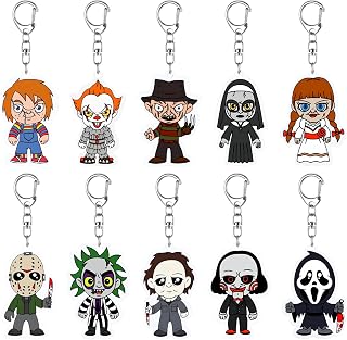 10 Packs Horror Classic Movie Characters Keychains Halloween Horror Keychains for Keys Wallets Backpack Scary Movies Figure Pendant Hanging KeyChain Decorations Horror Movie Gifts Merch for Men Women