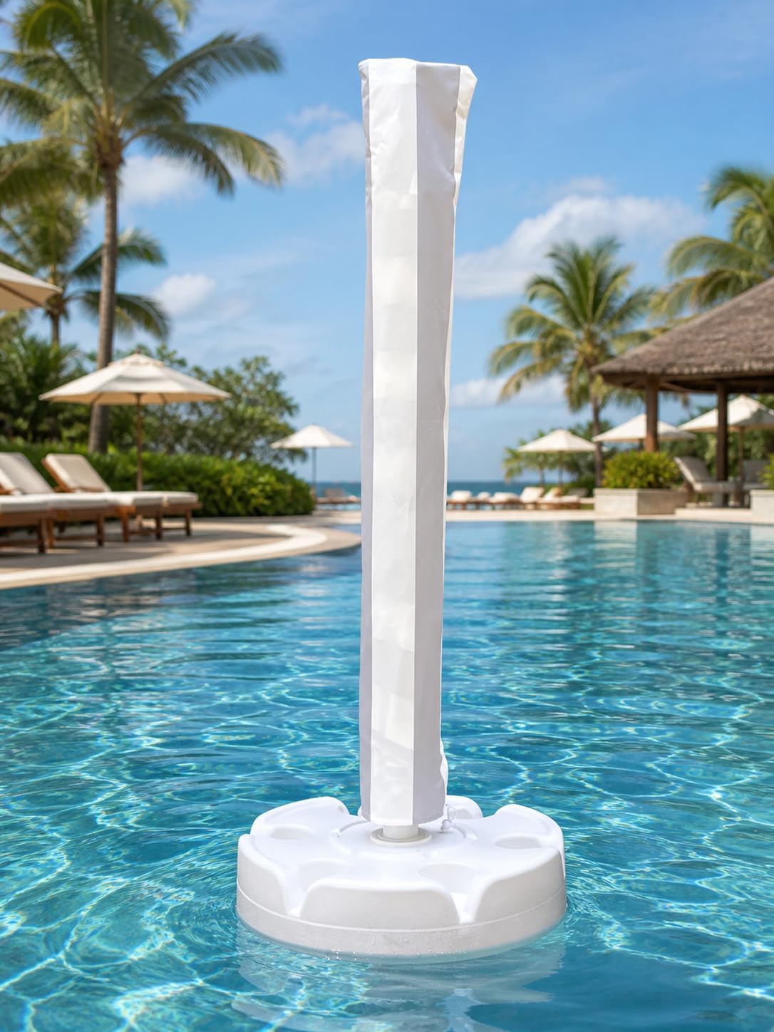 Floating Pool Umbrella provides the perfect shade canopy for the lake, river, beach or the pool! 6 cup holders for your drinks and snacks! Create your own shade oasis with the 7ft diameter sun shade. (MOONSTRIPE)