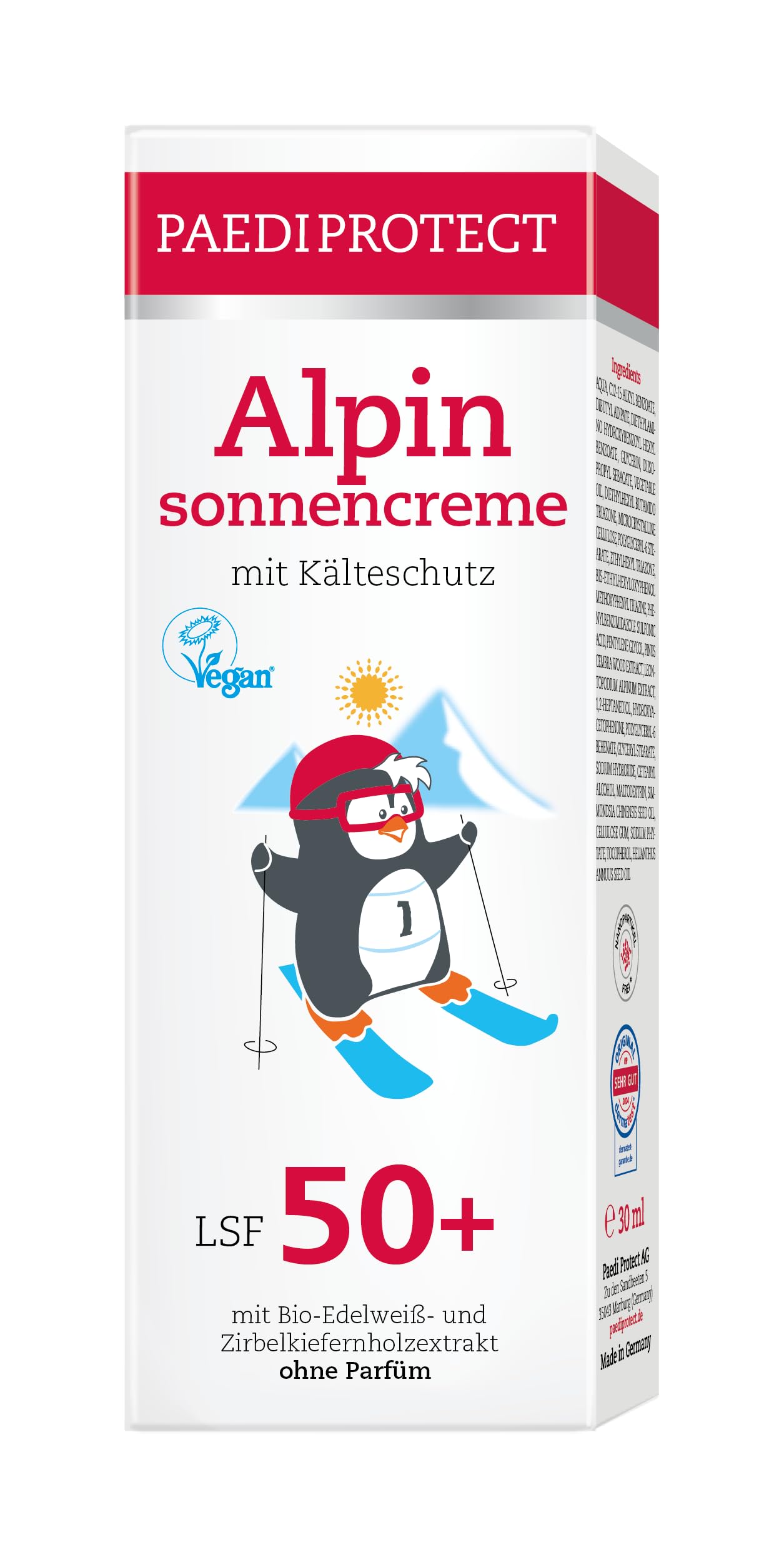 PAEDIPROTECT Alpine Sun Cream for Children and Adults, 30 ml SPF 50+, Sun Cream Face Ideal for Winter, Sun Protection with Jojoba Oil, Anti-Pigment Spots, Fragrance- and Microplastic