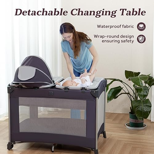 Miniatura 5 de Corralito portátil para bebé 4 en 1, corralito plegable para bebé con moisés extraíble, toldo y cambiador, Playrad infantil, cuna de viaje para