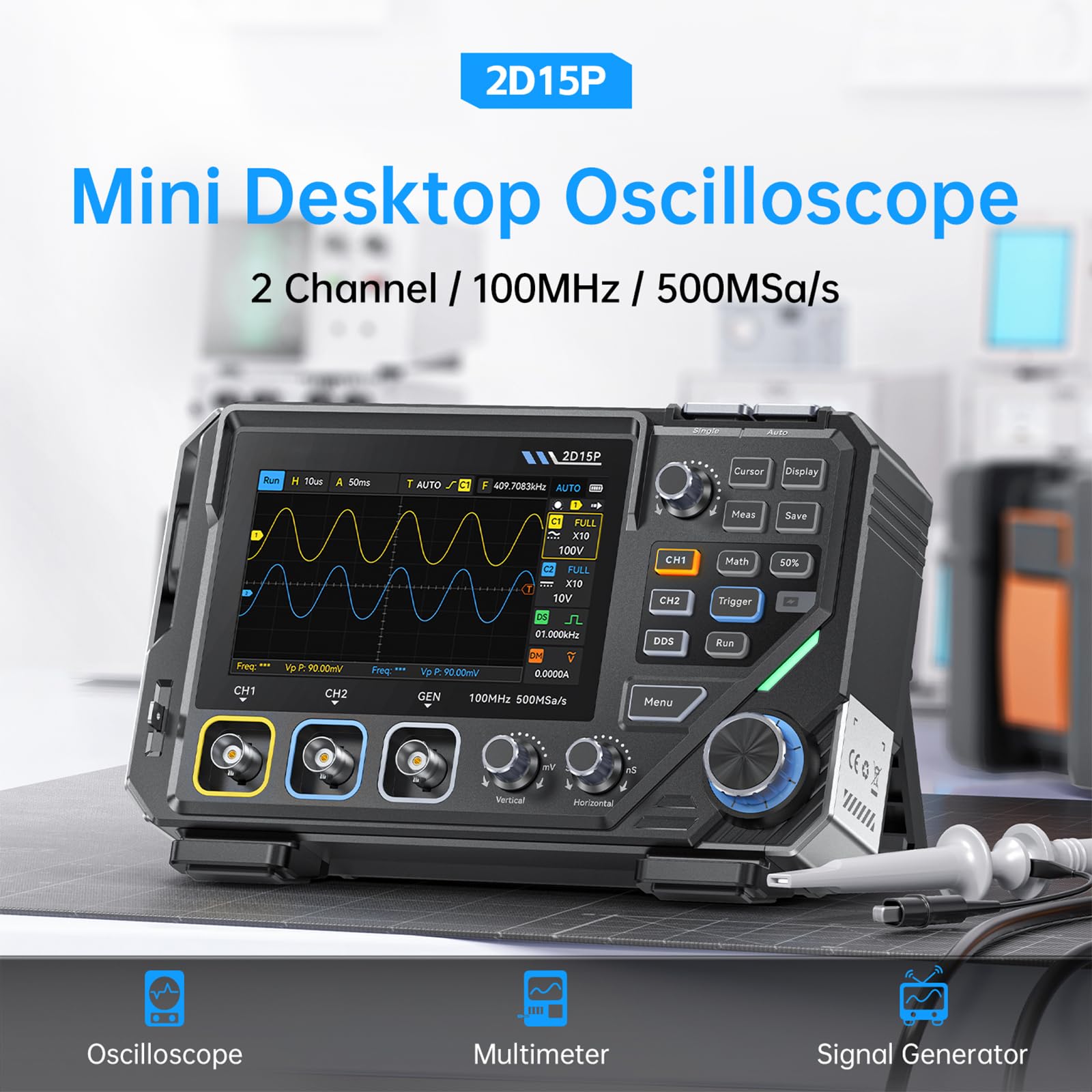 Oszilloskop, 2D15P Oszilloskop Multimeter 100MHz Bandbreite 3 in1 10MHz Signal Generator 4,5 stellige Präzision Multimeter 500MSPS AbtastrateTouchscreen Tastenbedienung