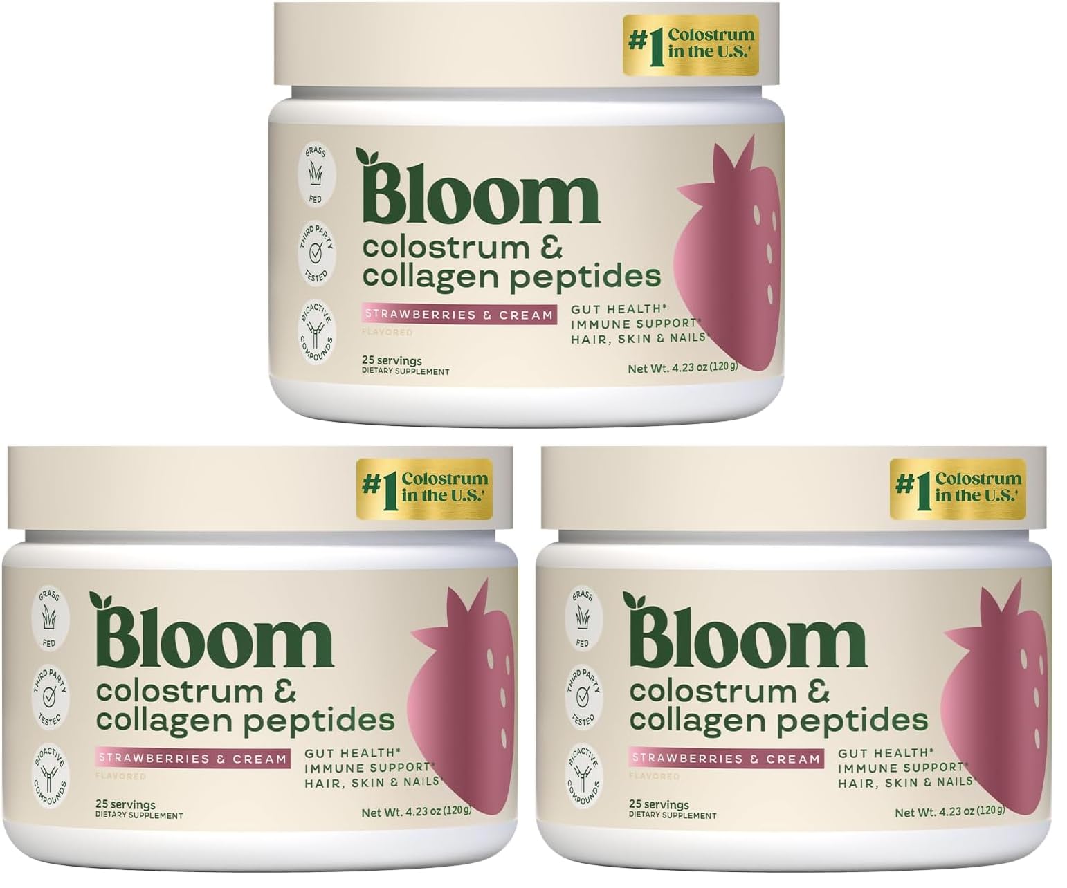 Bloom Nutrition Bovine Colostrum Powder, Strawberries &amp; Cream, 3 Pack