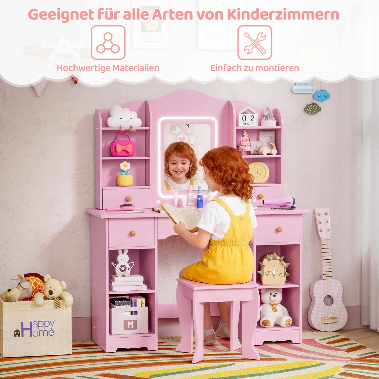 MAMIZO Schminktisch Kinder mit LED Beleuchtung, Kinderschminktisch mit Spiegel, Schreibtisch mit Hocker, 5 Schubladen und 10 Fächer, Prinzessin Frisiertisch, Schminktisch Mädchen ab 3, Rosa