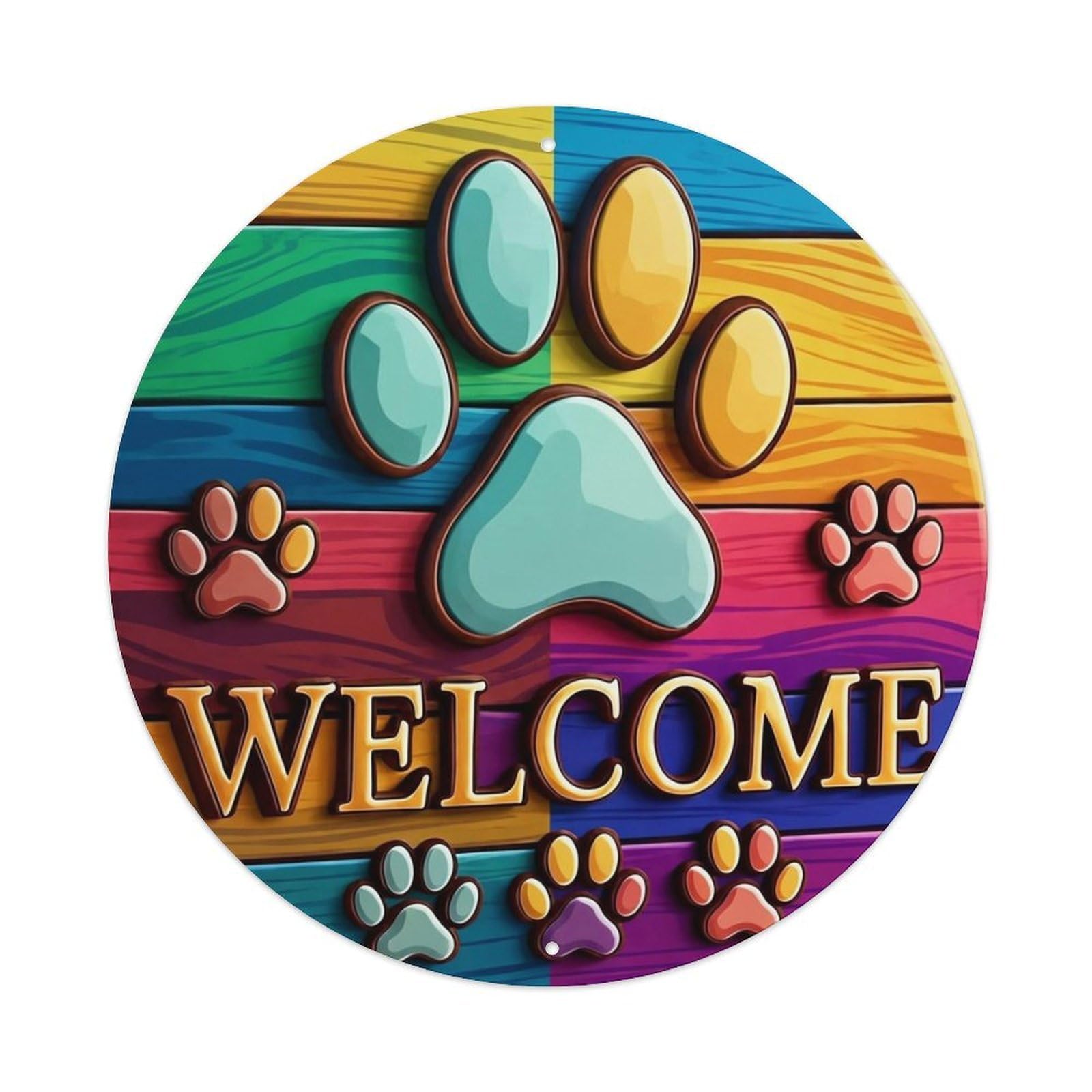 Colorful Paw Prints Welcome Sign Round Metal Tin Sign Vintage Wall Decor, Bar Garage Cafe Kitchen Home Wall Art Poster 8x8inches