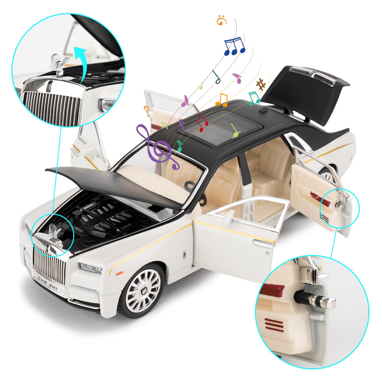 TGRCM-CZ Rolls-Royce Phantom Modèle de voiture à l'échelle 1:24 en alliage de zinc avec traction arrière, jouet Diecast avec son et lumière pour enfants, garçons et filles, cadeau (blanc)