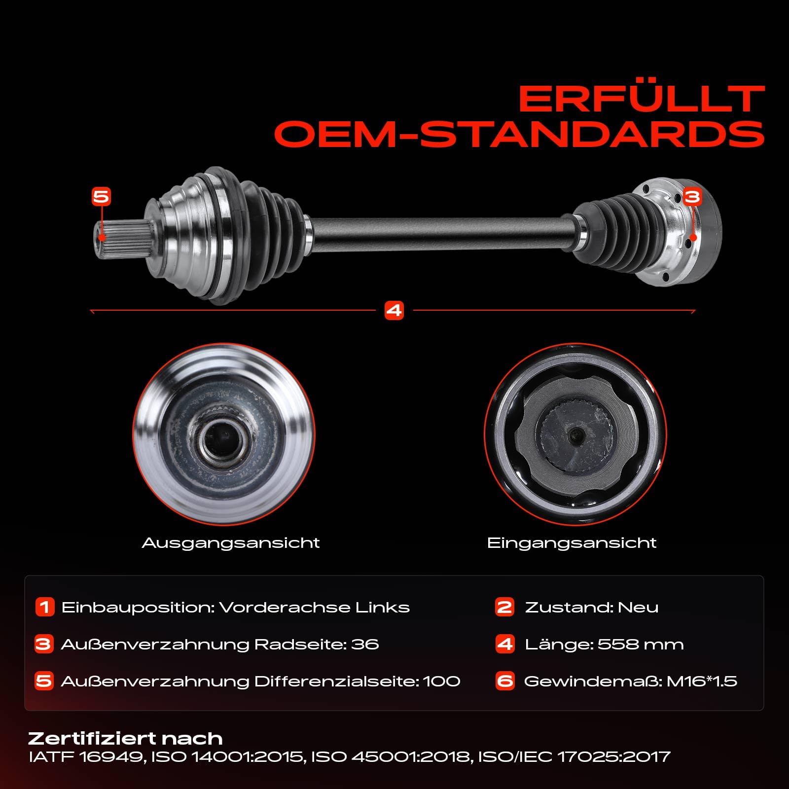 Frankberg Eje motriz Eje de transmisión Caja de cambios manual Eje delantero Izquierda sin ABS-Ring Compatible con A3 8P1 Golf V 1K1 J.e.t.t.a III 1K2 Replace# 1K0407271DH