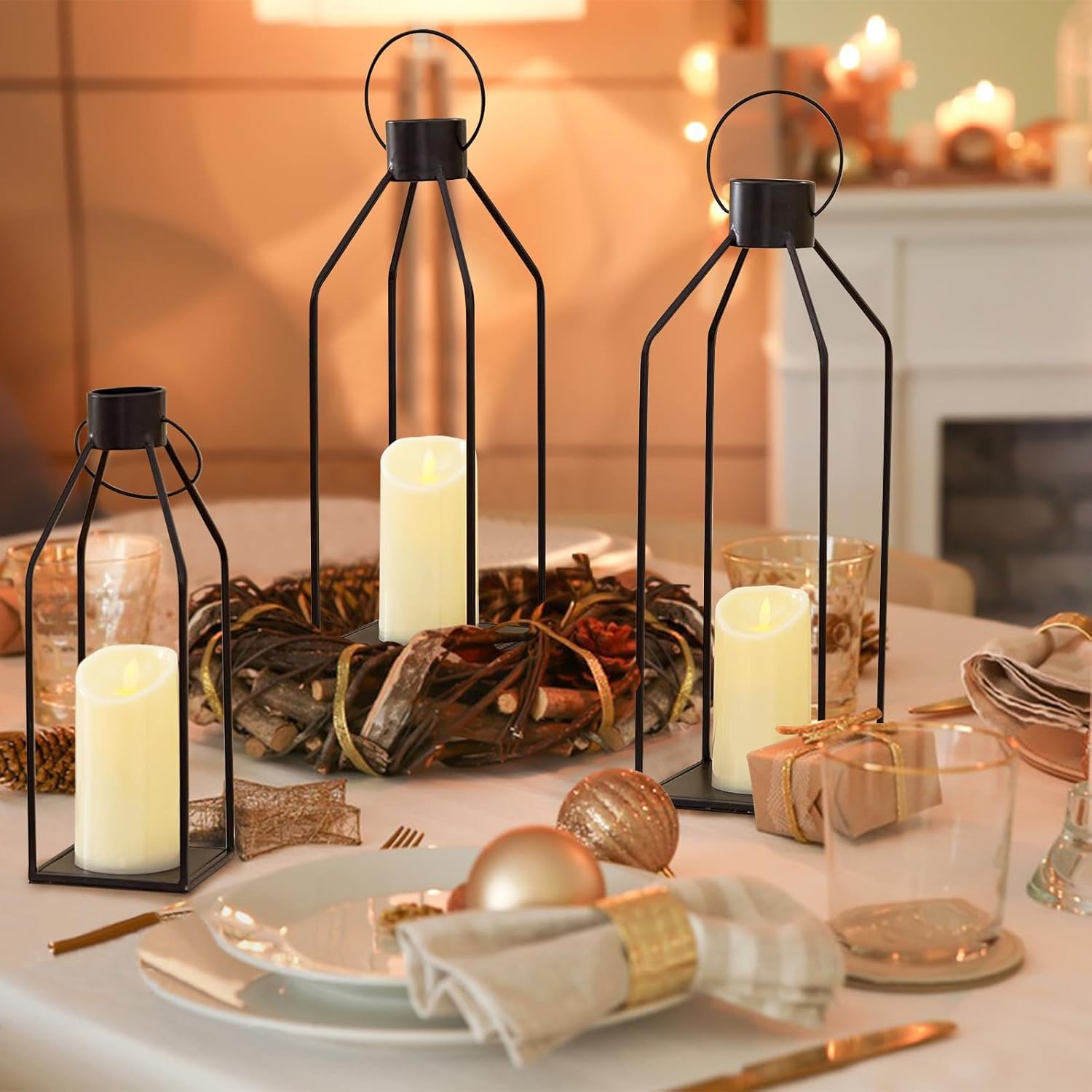 3 Pcs Black Lanterns Decorative Outdoor, Metal Candle Lanterns, Modern Farmhouse Lanterns Decorative for Home Decor, Mantle, Patio, Porch, Garden