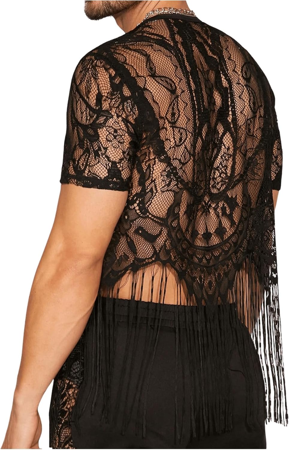 SHENHE Men's Sheer Floral Lace Fringe Short Sleeve Crewneck Cropped Tee Party Shirt Top - Image 2