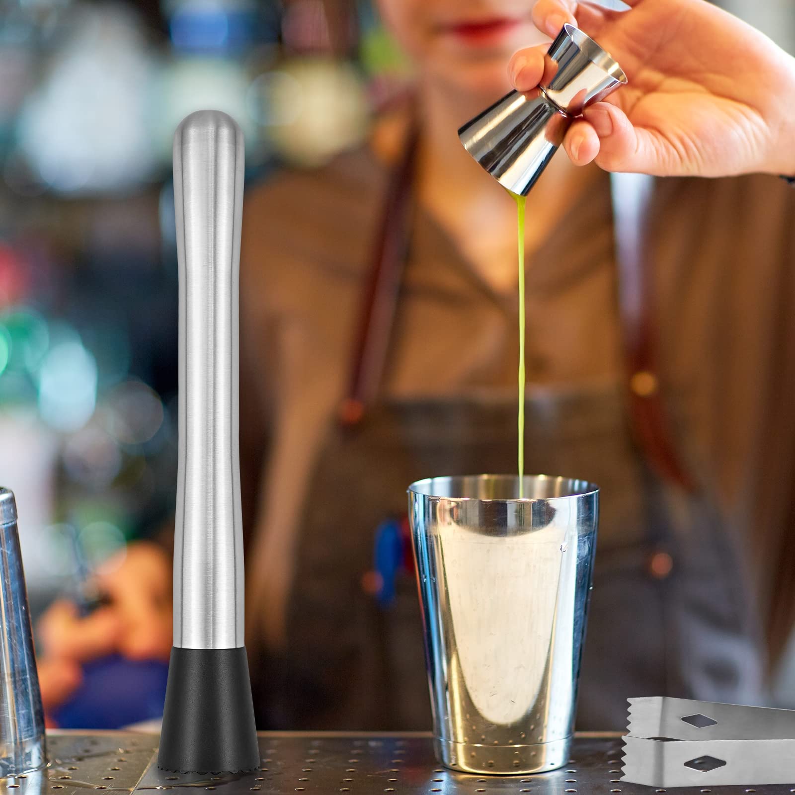 Juego de 4 accesorios de cóctel, mojito, cuchara mezcladora, clip de hielo y vaso medidor