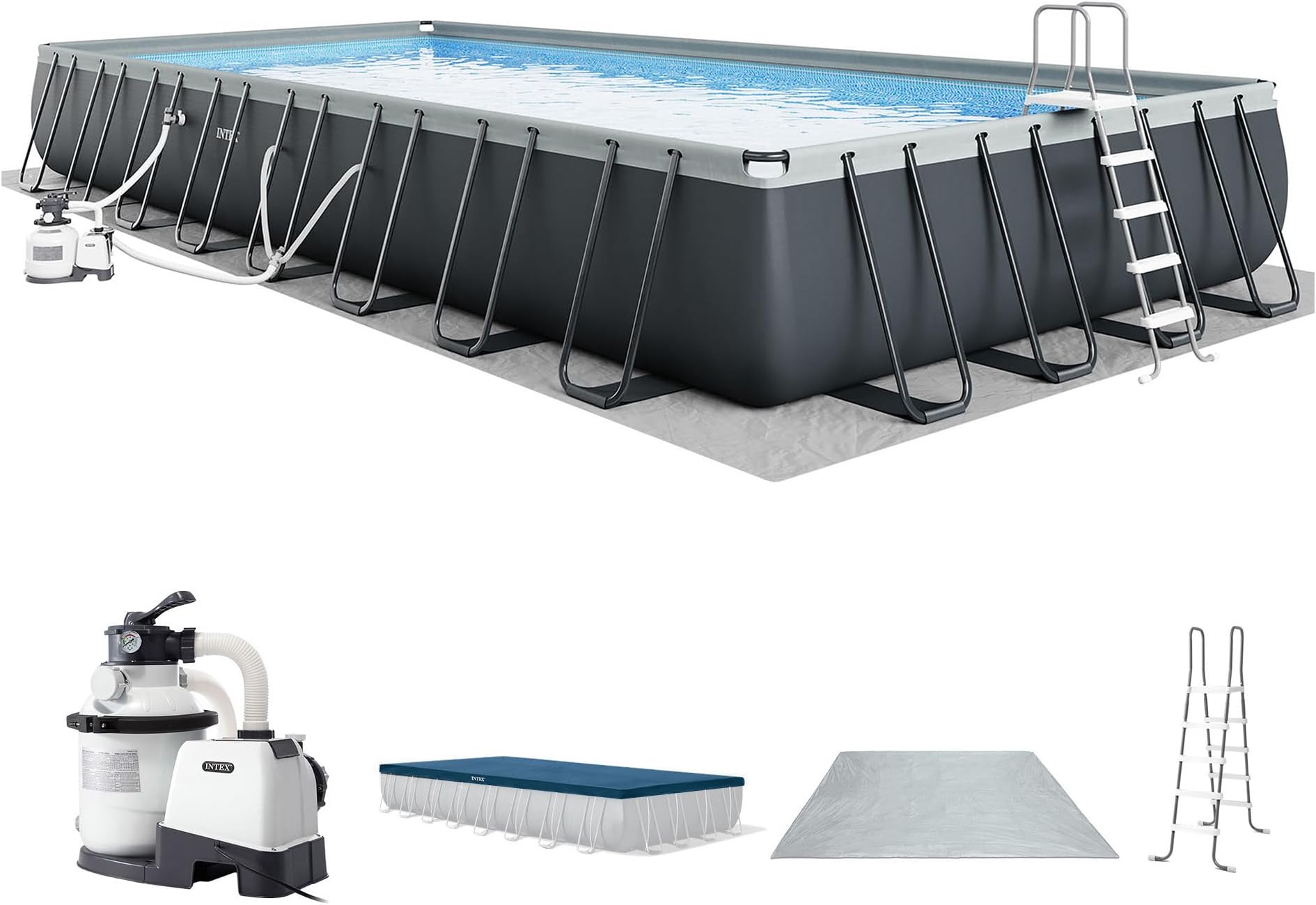 INTEX Ultra XTR 32 ft x 16 ft 52 in Above Ground Pool Set, Rectangular Swimming Pool with Steel Frame, 2800 GPH Sand Filter Pump, Ladder, Cover, & Ground Cloth