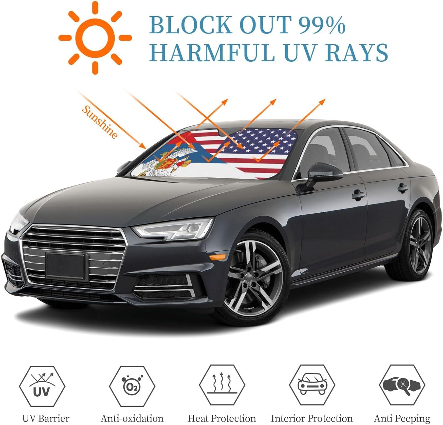 America Montenegro Friendship Flag Foldable Car Windshield Sunshade Blocks Heat and Sun Glare Uv Rays