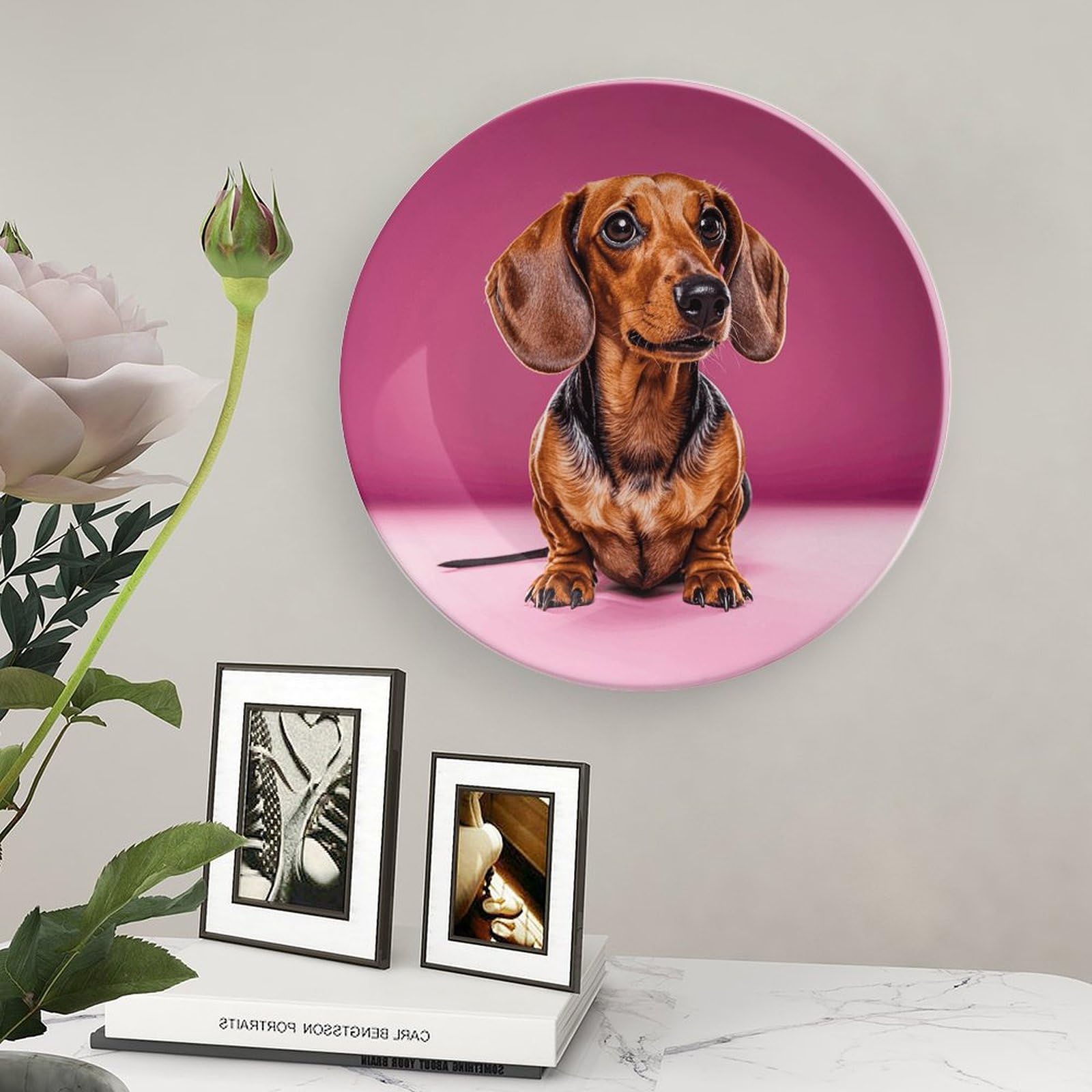 Teckel Weiner Assiette décorative en porcelaine anglaise avec support de présentation - Assiette décorative ronde en porcelaine - 20,3 cm