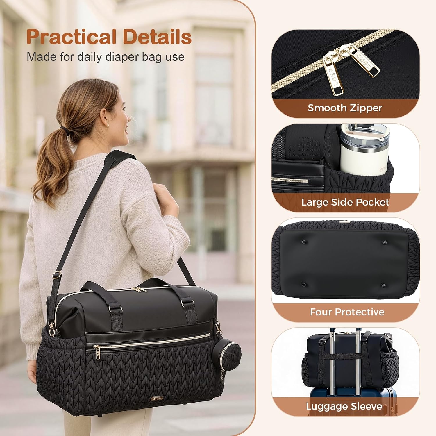 Lekesky Diaper Bag Tote for Mom, 37L Large Diaper Tote Bag, Baby Hospital Bag for Women Labor Delivery, Travel Diaper Bag with Changing Pad, Pacifier Case, Insulated Pockets, Luggage Sleeve, Black