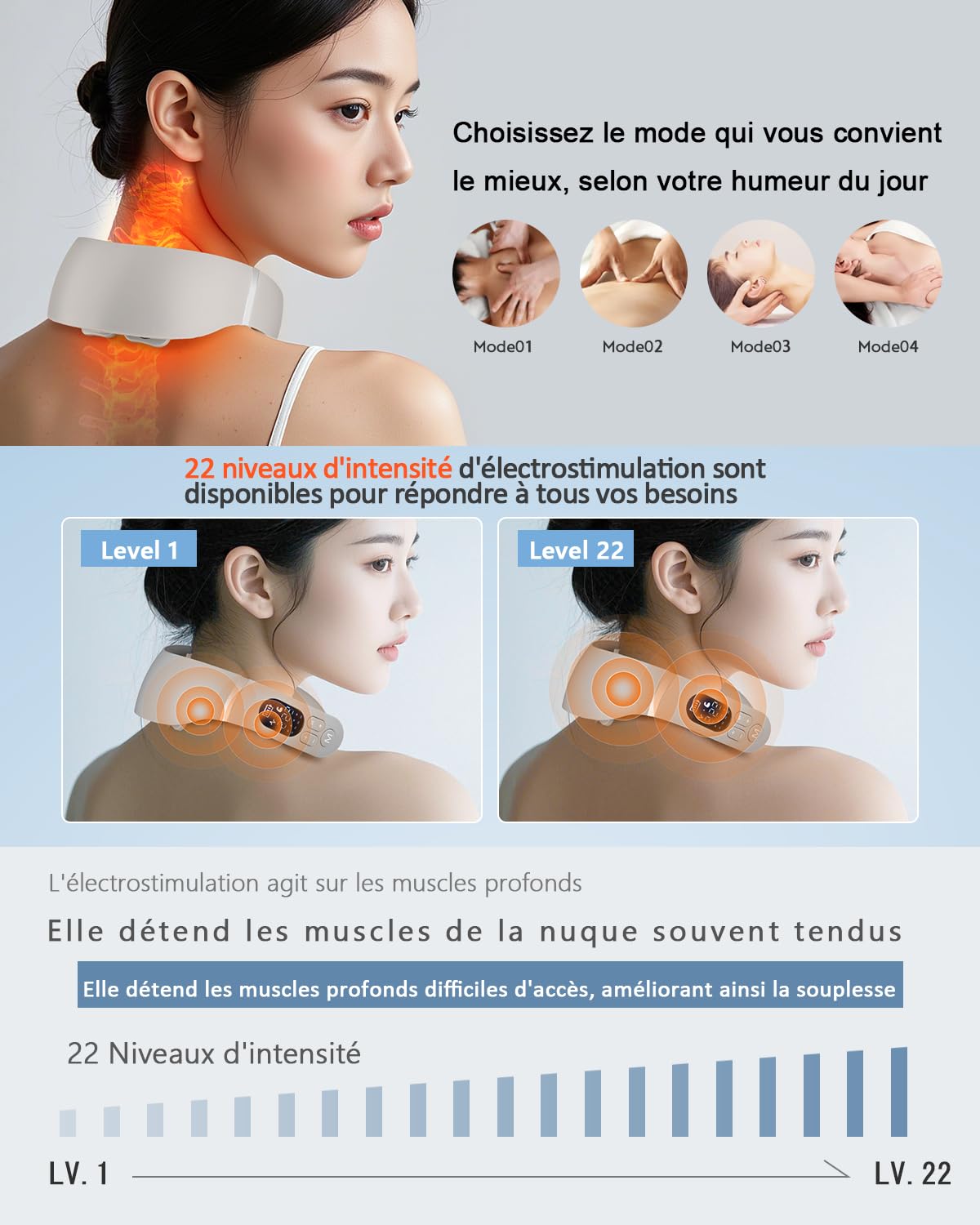 Masseur Cervical, Masseur électrique Portable à 6 têtes avec Thérapie Thermique à 42°C, 12 Modes 22 Niveaux, Fonction Vocale Intelligente, écran LCD, Convient à la Maison et au Bureau