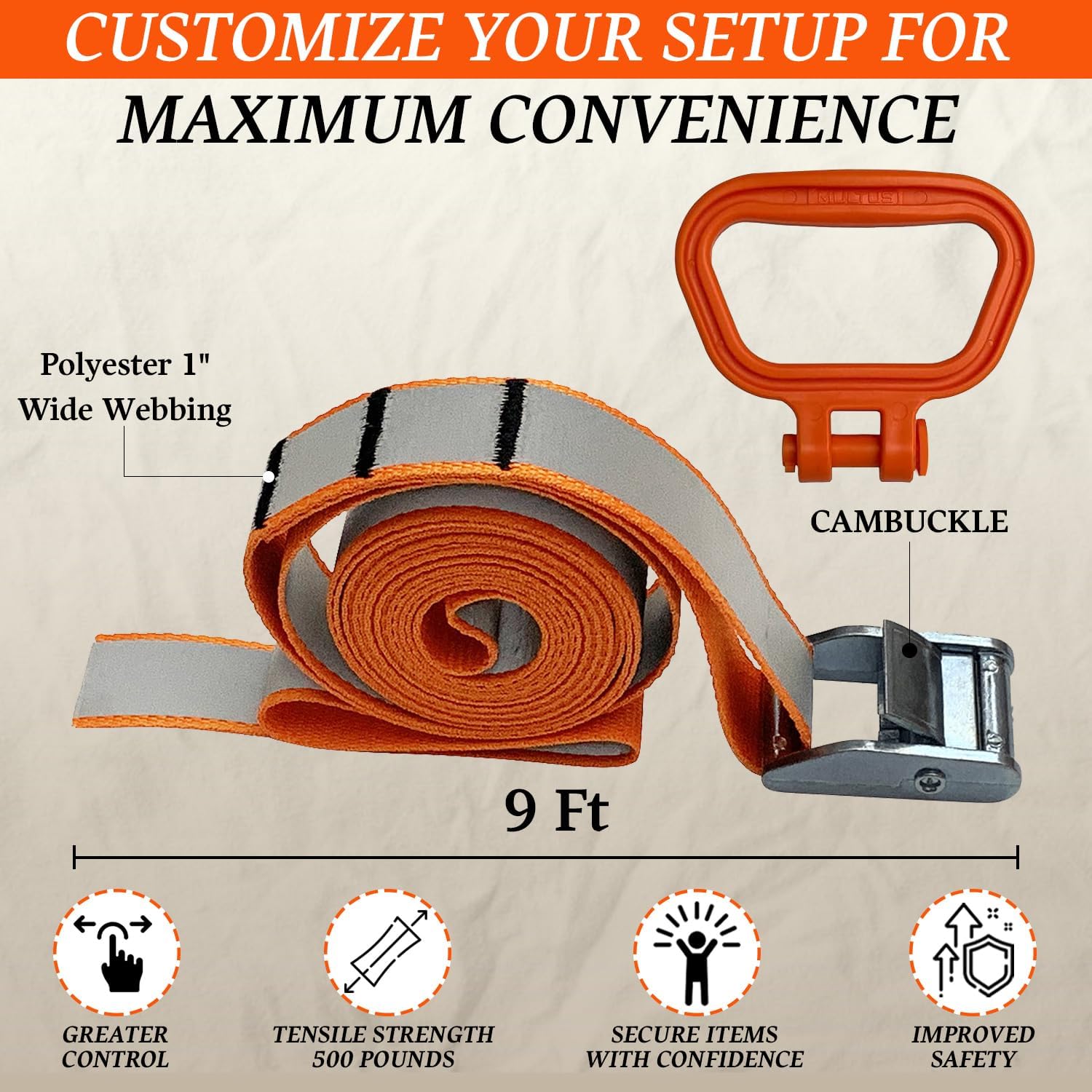 MULTUS Orange Reflective Cambuckle + Handle Moving Cargo Car Truck Tie Down Strap for Hunting Trailer Camping Canoe Kayak Lawn Equipment Gear – 9 Foot Polyester Strap - 5 Pack