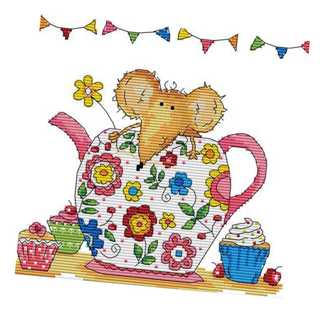 Floral Cute Mouse Stamped Cross Stitch Kit Needlework Craft 11ct 14ct 14CT