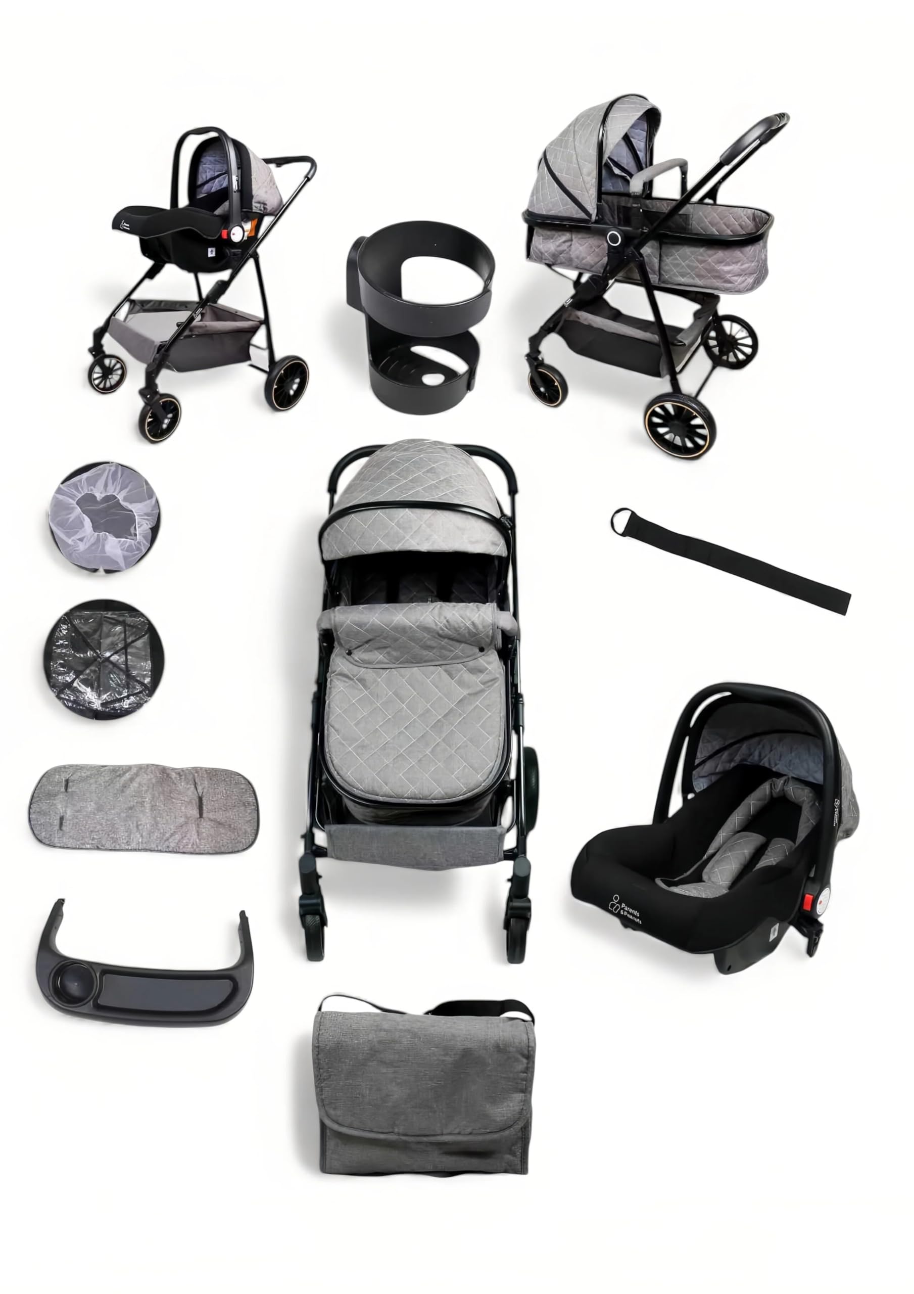 Parents & Peanuts 3 in 1 Baby Travel System Pram Pushchair with Infant Car Seat (Grey Black)