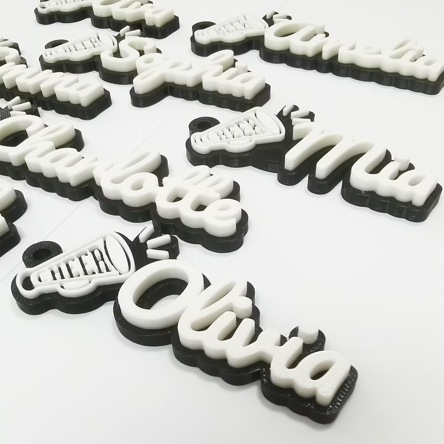 Set of 10/20/30pcs Personalized Custom Name Black Cheer Cheerleader Cheerleading Megaphone Keychain Keyring Backpack 3D Printed Game Day Sport