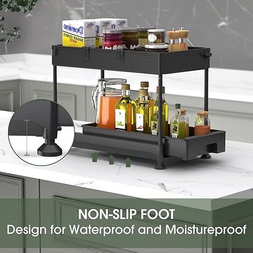 Miniatura 3 de SPACEKEEPER Organizador para debajo del fregadero organizador deslizante de 2 niveles para debajo del baño estante de almacenamiento con ganchos