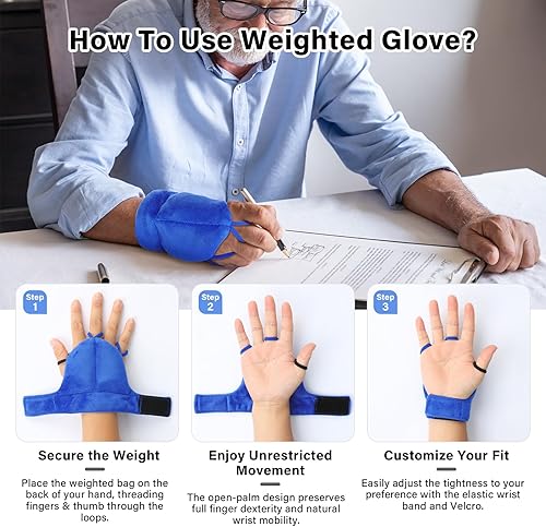 Miniatura 6 de Guantes con peso para temblores de manos y Parkinson, estabilidad y movilidad mejoradas de la manomuñeca, muñeca ajustable, herramienta de