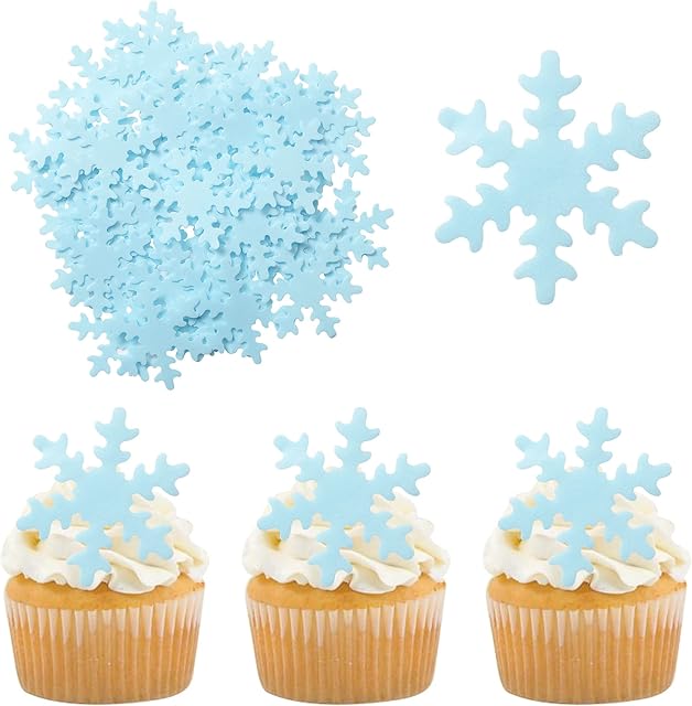 Gyufise 50Pcs Edible Snowflakes Blue Cupcake Cake Toppers Decoration for Chirstmas Winter Frozen Theme Party Supplies