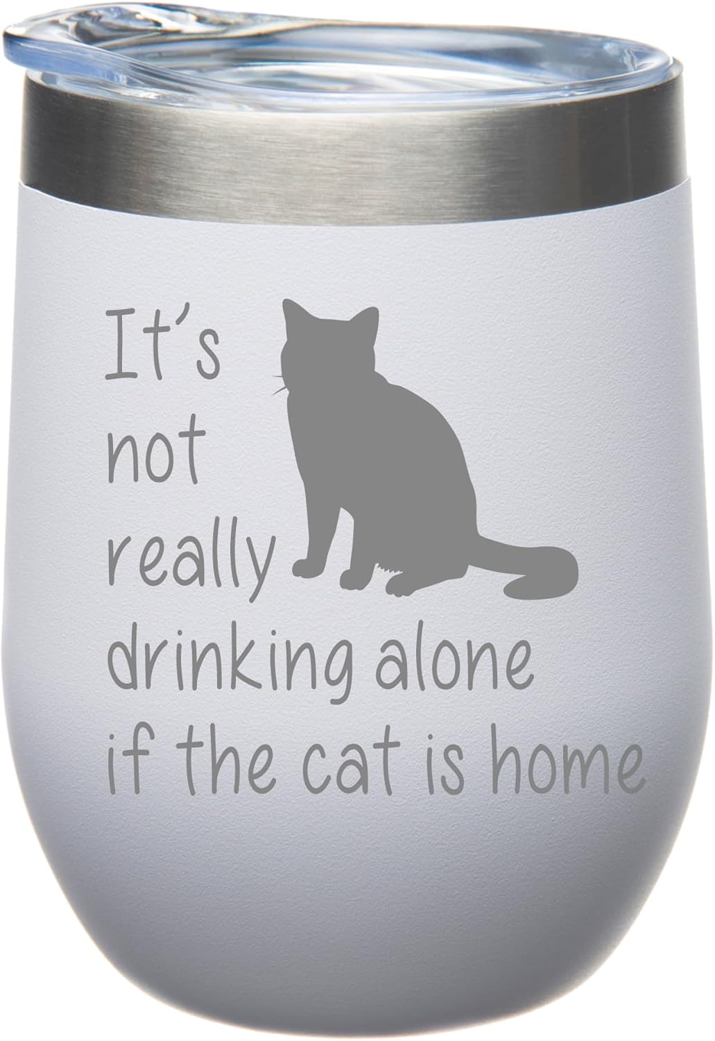 C M The Cat is Home Stemless Wine Tumbler - 12oz Stainless Steel Double Insulated Tumbler with Lid - White Powder Coated Laser Engraved