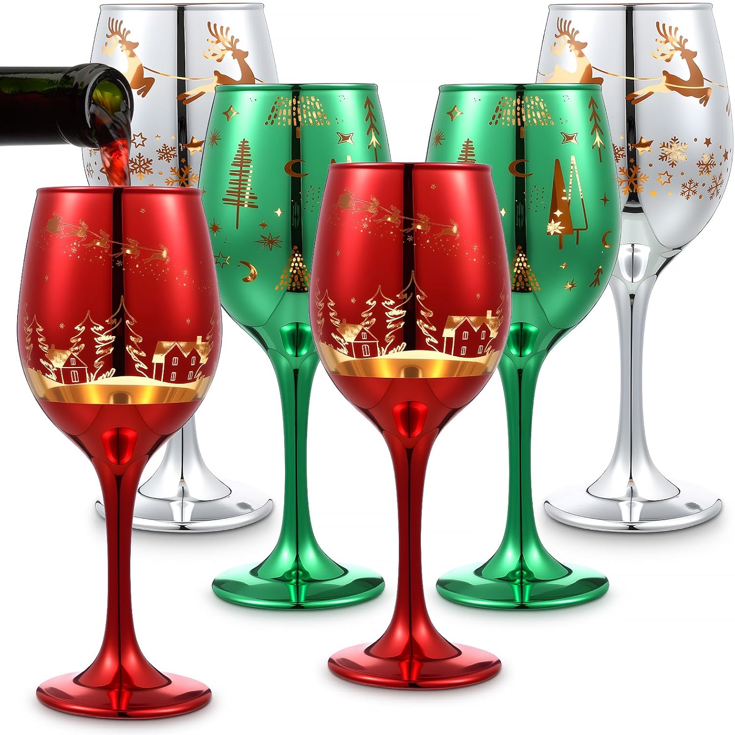 6 Pcs Christmas Stemmed Wine Glasses 11 oz Holiday Red Green Silver Etched Glassware Christmas Tree Wine Goblets Festive Glass Drinkware Cups Gift for Xmas Winter New Years Eve Party
