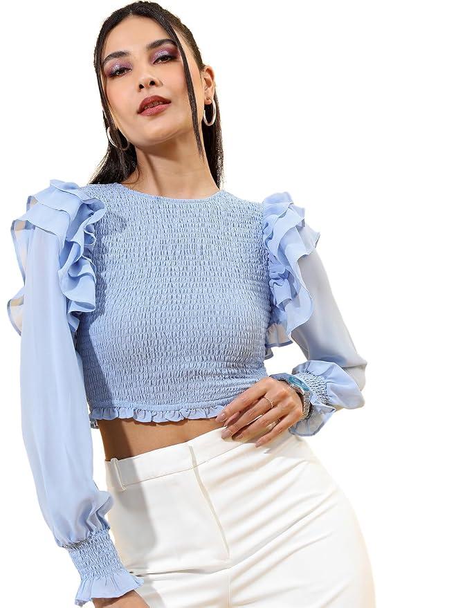 Tokyo Talkies Boat Neck Smocked Bishop Sleeves Crop Top : Amazon