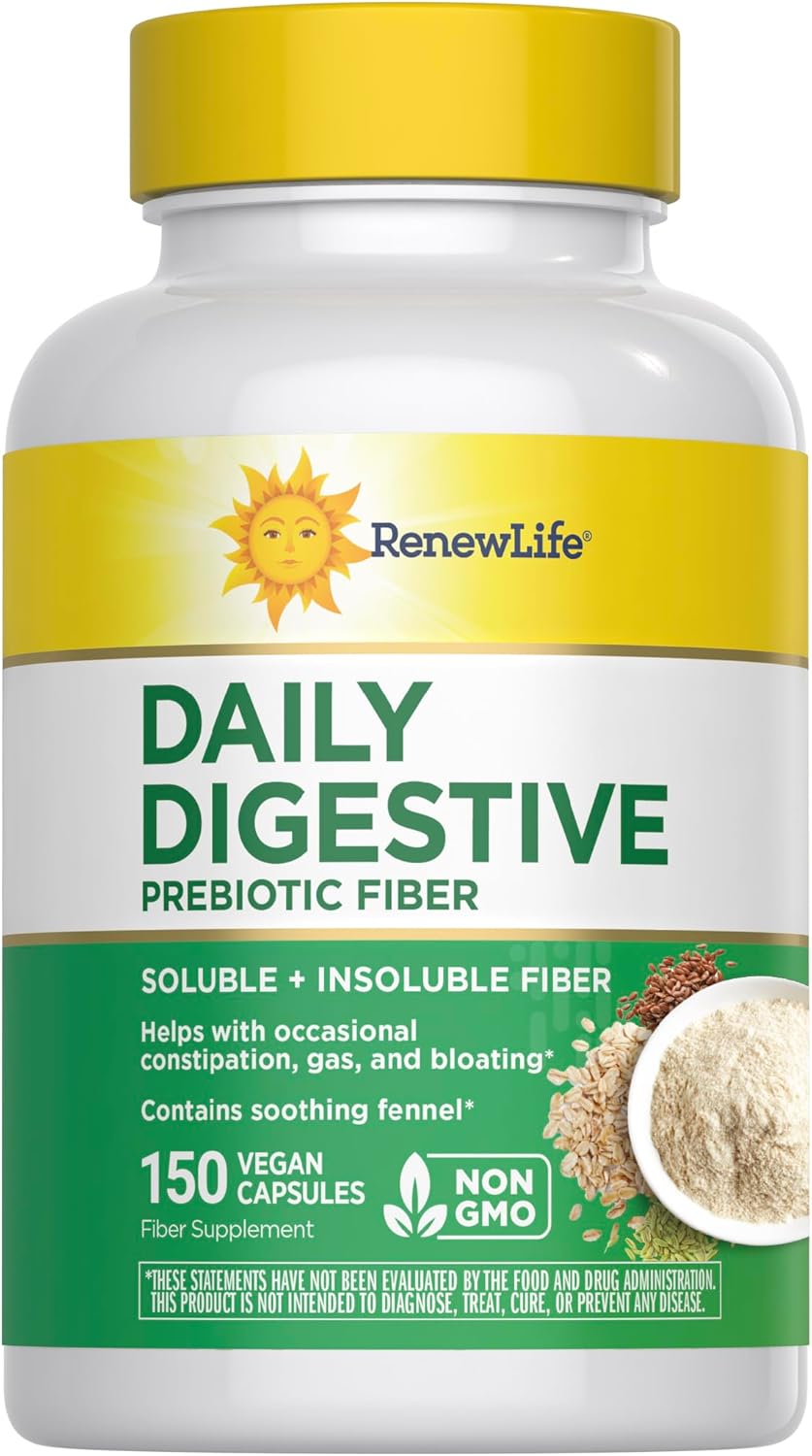 Renew Life Adult Daily Digestive Prebiotic Fiber, 150 Vegetarian Capsules (Package May Vary)