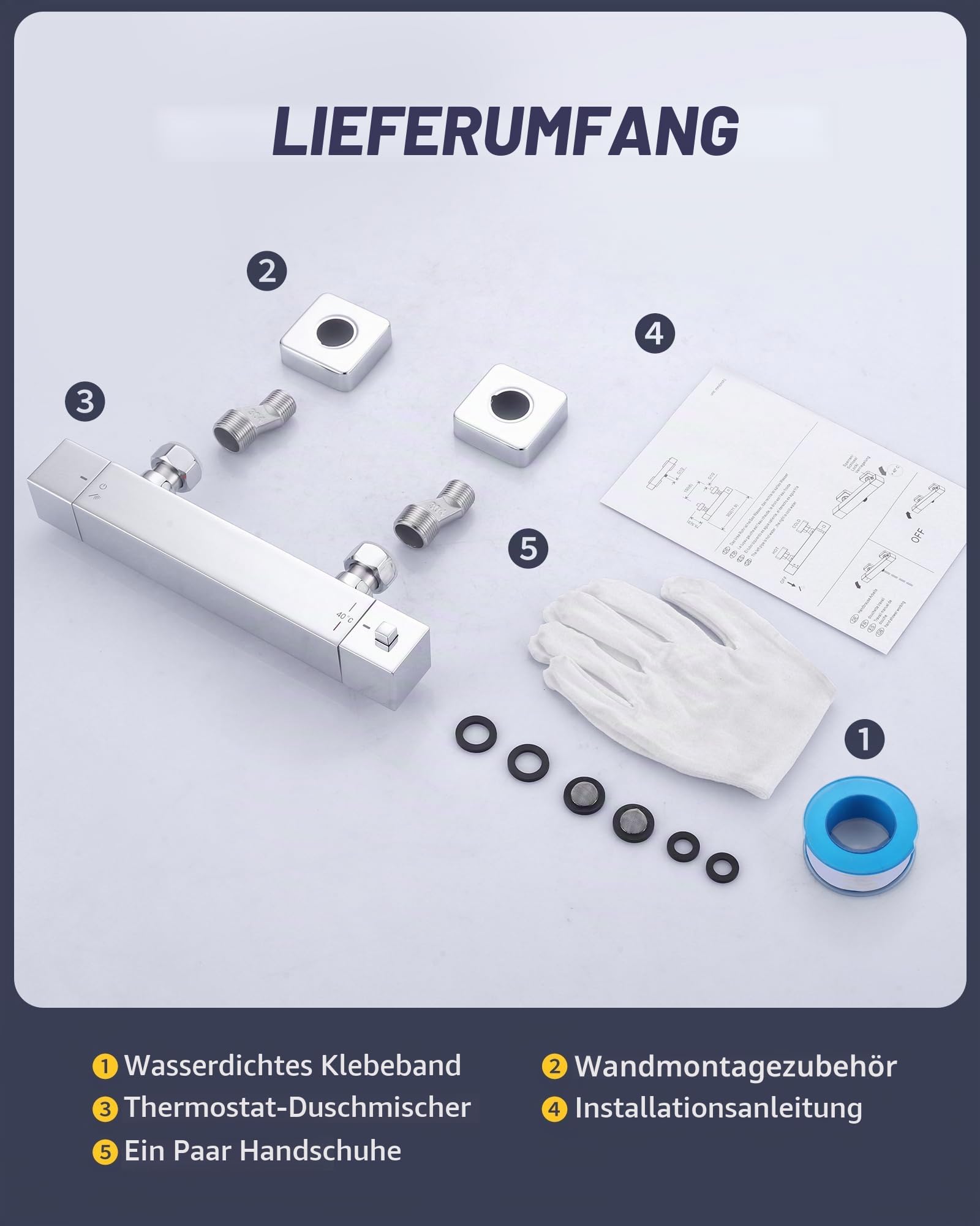 ARCORA Duschthermostat Messing 40°C Sicherheitssperre ohne Schlauch Chrom | Thermostat-Duscharmatur Messing 40°C Sicherheitssperre, ohne Brauseschlauch, Wandeinbau, Chrom