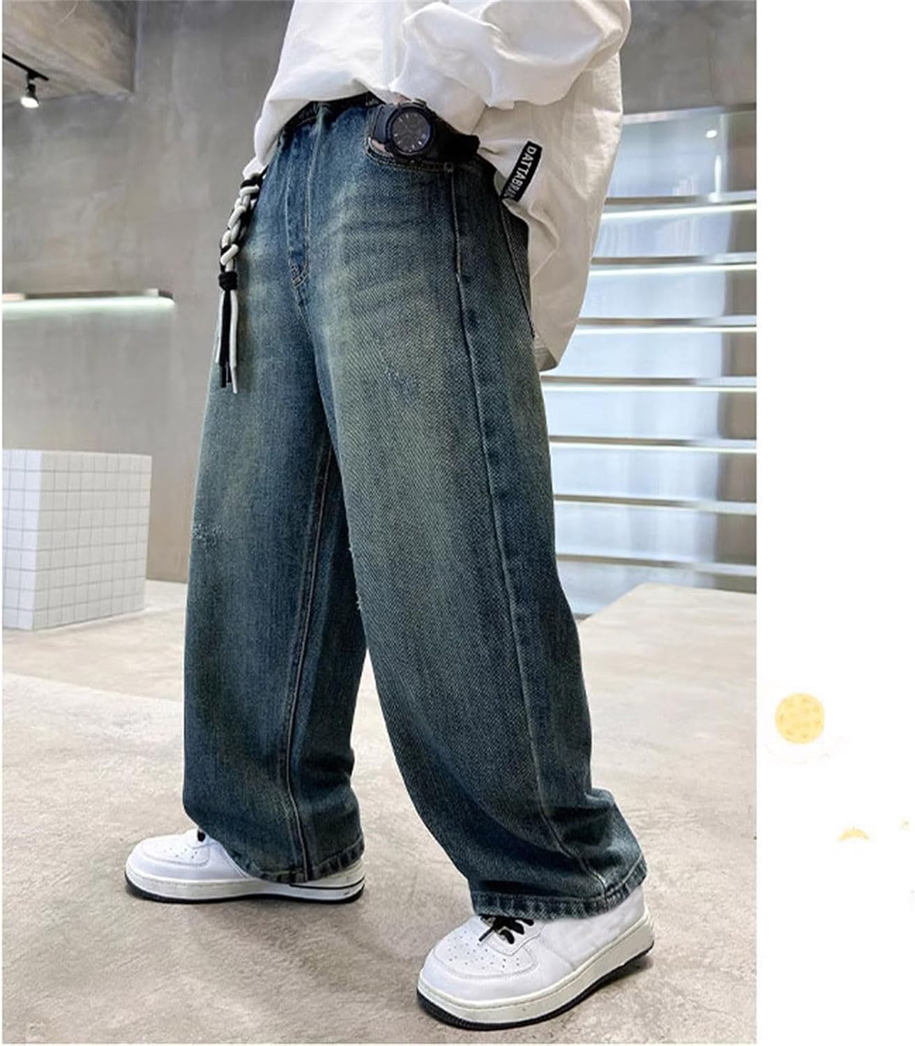 Boys Baggy Jeans Tween Y2K Casual Straight Wide Leg Cargo Jeans Elastic Waist Denim Pants Distressed Loose Denim Pants